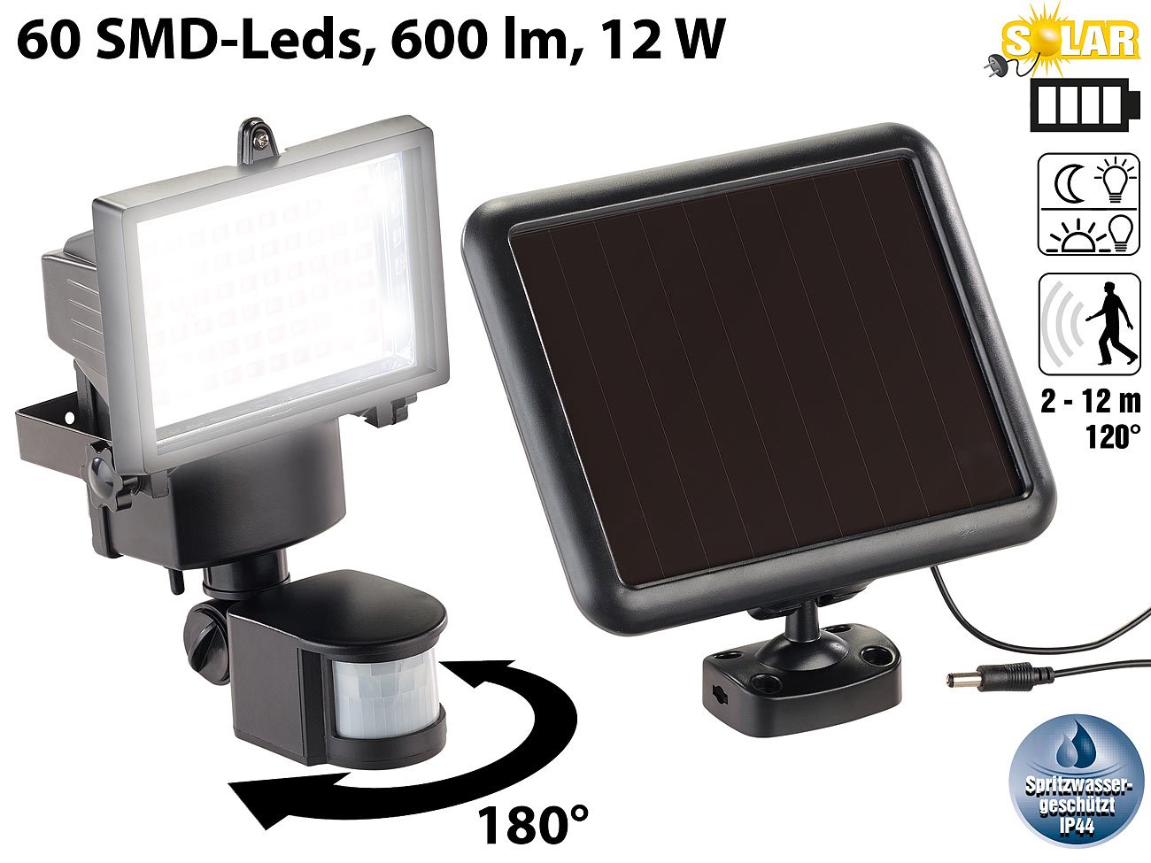 Luminea LED Strahler Solar außen: 2er-Set Solar-LED-Wand-Fluter für außen, mit Bewegungssensor, 600 lm (Fluter mit Bewegungsmelder, mit Akku, Hausnummer)