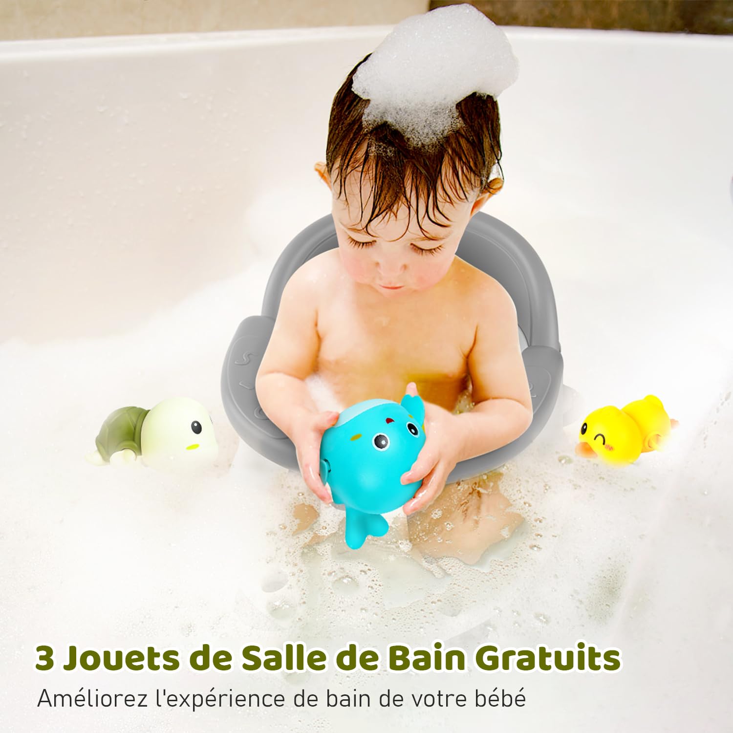 Siège de Bain pour Bébé - Chaise de Bain pour Bébé 6-12 - 24 mois - Antidérapant et 4 Grandes Ventouses - Les Indispensables du Baby Shower - Comprend 3 jouets