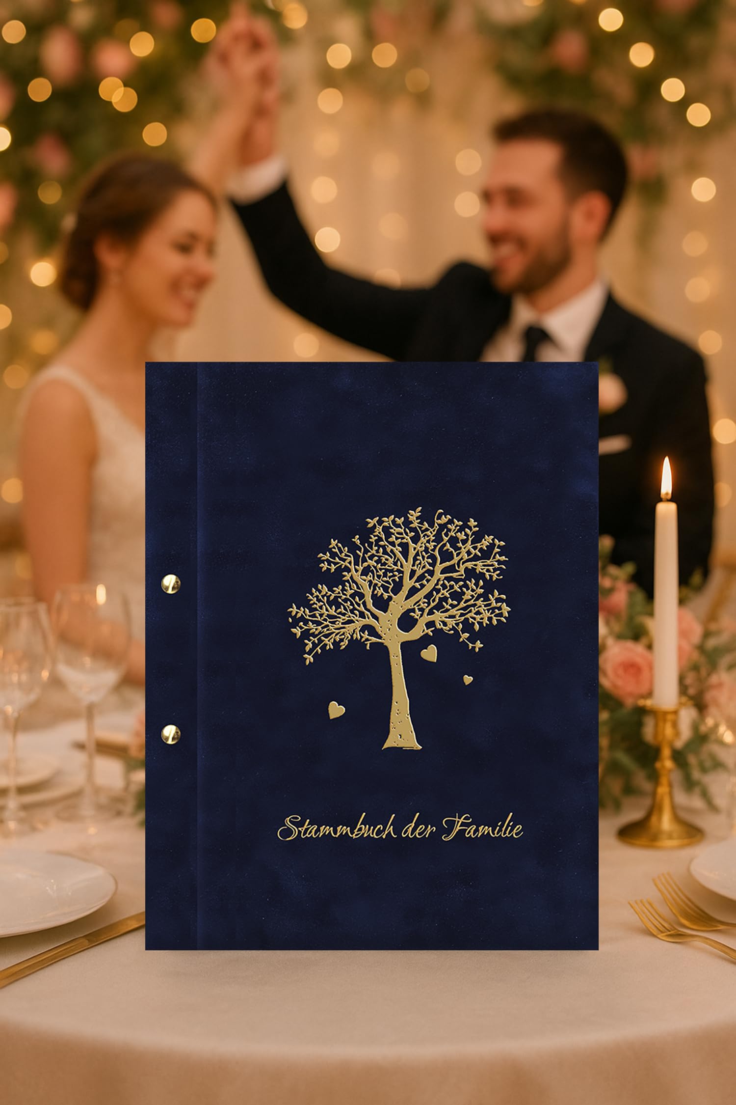 SAMONA Stammbuch der Familie A4 Hochzeit – Familienstammbuch Blau Velours mit Goldener Baumprägung & Ahnenbaum – Handgefertigtes Stammbuch mit Buchschrauben für Urkunden, Dokumente
