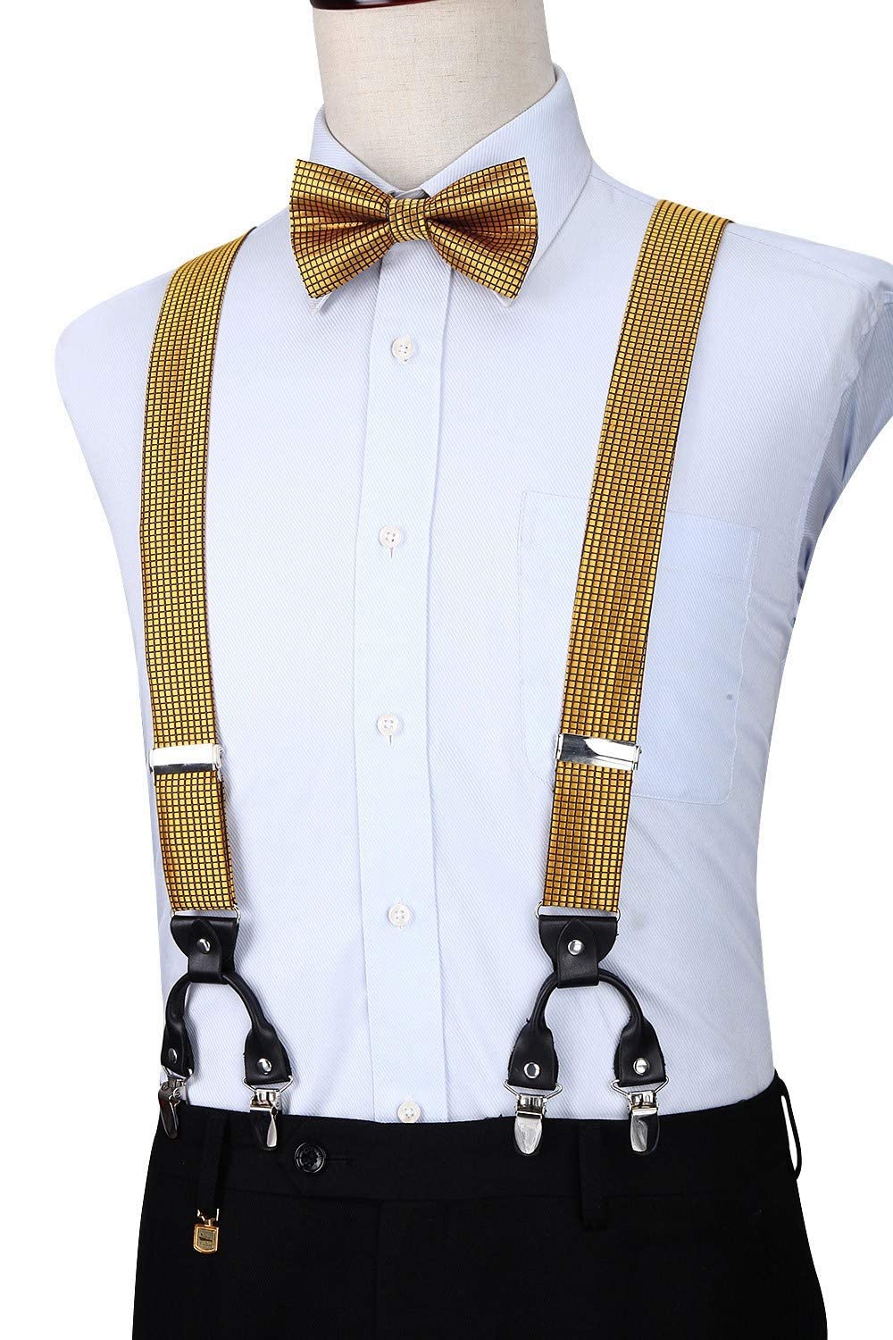 HISDERN Hosenträger Herren 3,5 cm mit 6 Extra Stark Clips in Y-Form Elastisch Längenverstellbar 130 cm Fliege und Hosenträger 3er Set für Männer