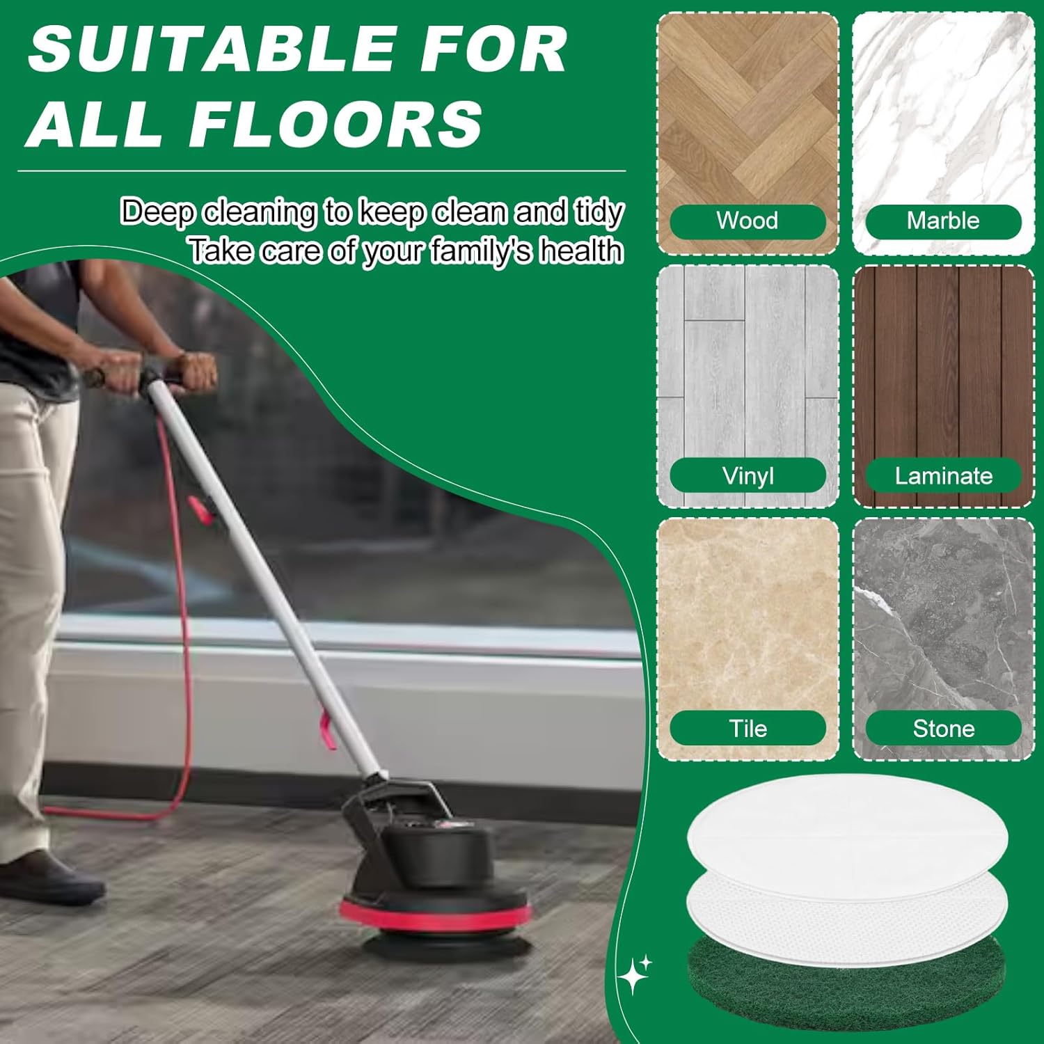 12 Inch Floor Machines Pads Compatible with Oreck Commercial 550MC 437.056 Orbiter Scrubber Machine, 3 Kinds Materials Pads for Various Floors, 4PCS (2 Green Scrubbing Pads)