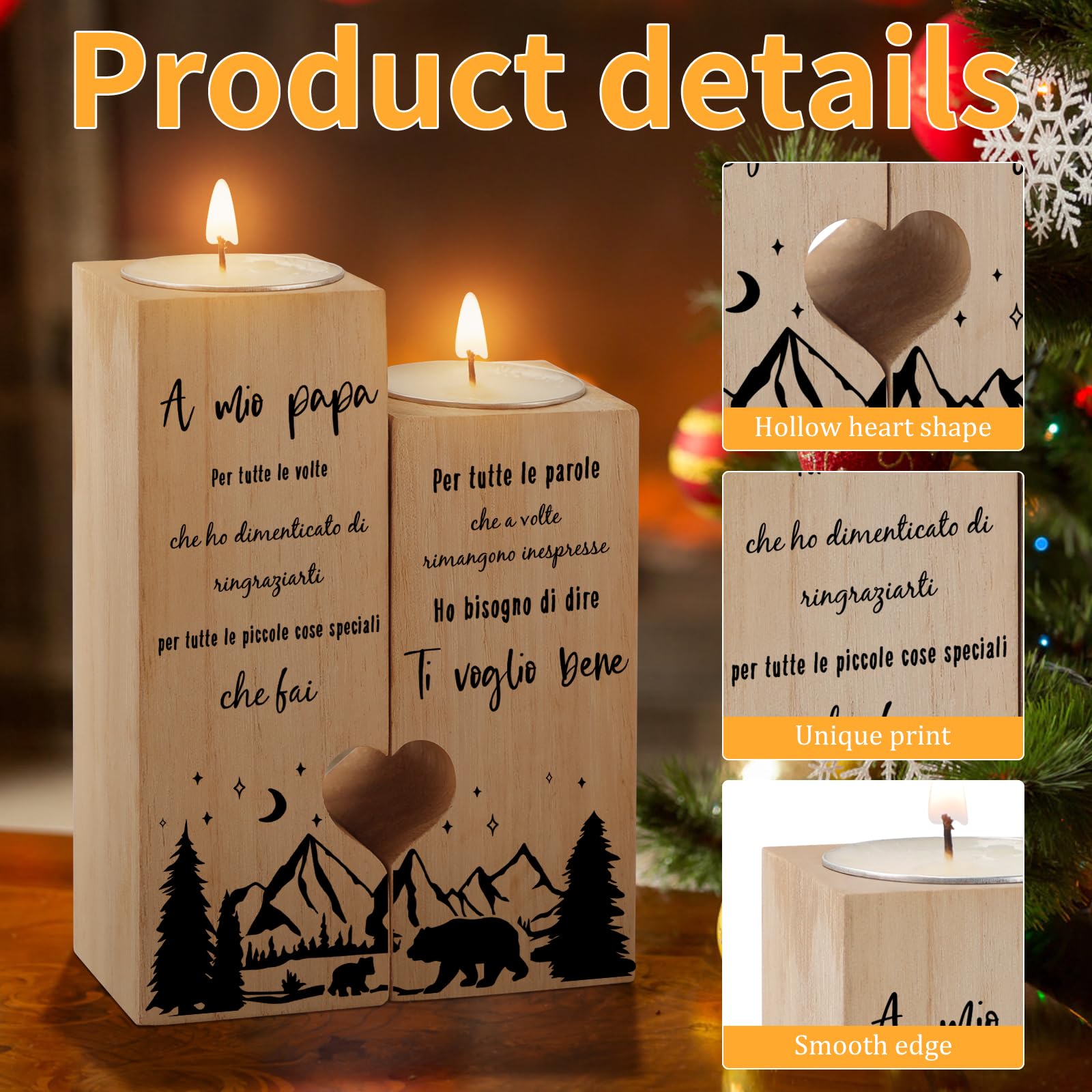 Portacandele A Cuore Per Papà - Legno Naturale, Con 2 Supporti Candele, Regalo Compleanno O Festa Del Papà - Foto 11