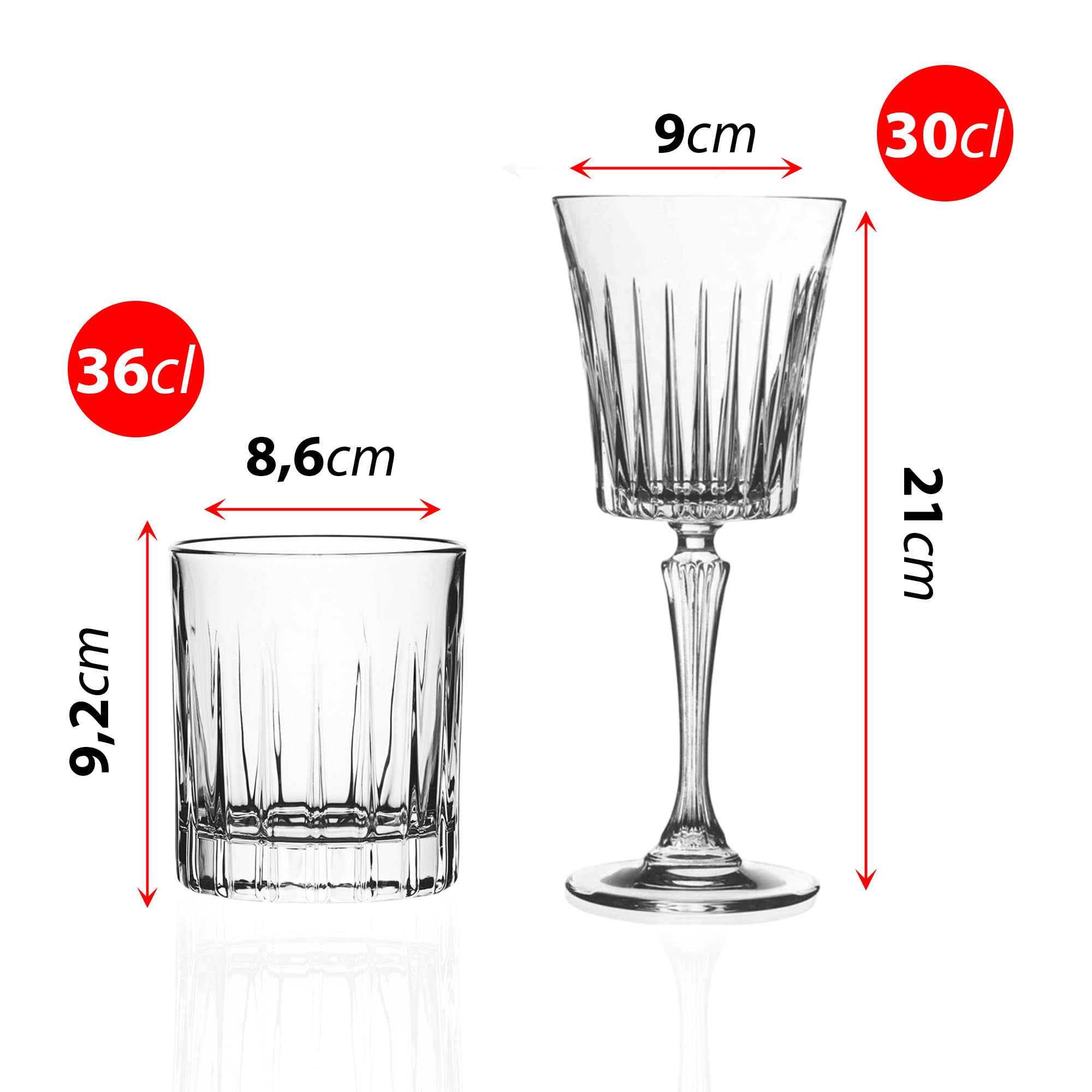 Sicignano | Juego de 6 copas de 30 cl, con 6 vasos de 36 cl, Timeless para vino, agua, licores y cócteles, cristal ecológico, transparentes, resistentes – regalo cubo champán Marea 1 botella