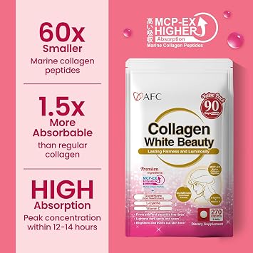 AFC Japan Collagen White Beauty مع ببتيد الكولاجين البحري والجلوتاثيون وL-Cystine - امتصاص أفضل بمقدار 1.5 مرة من الكولاجين الآخر يدعم تماسك البشرة وإشراقها x3 عبوات إمداد لمدة 270 يومًا