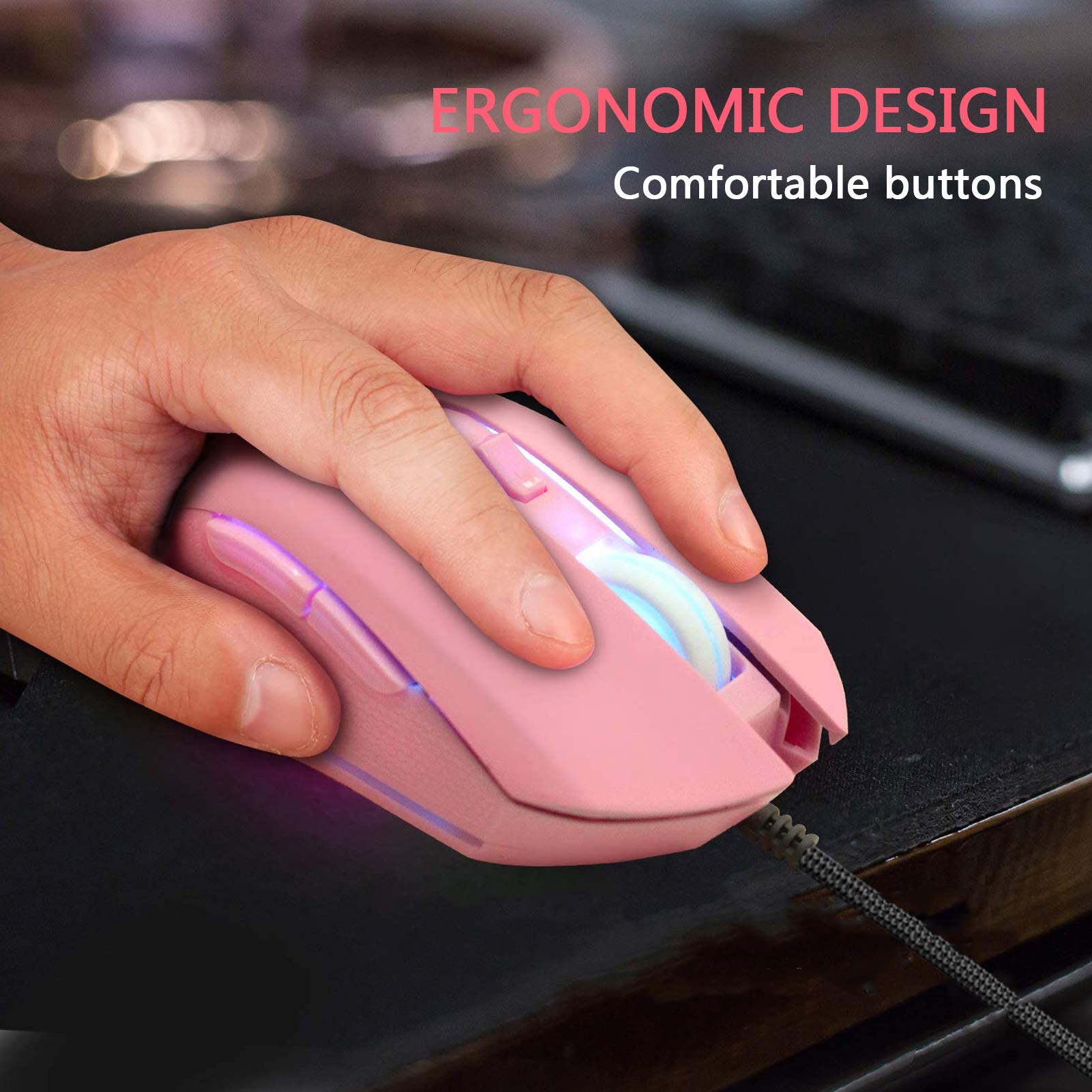 Ratón óptico con cable USB tipo C, silencioso para computadora, mouse óptico para juegos, ergonómico, 7 retroiluminación LED, 2400 DPI, 6 botones para oficina, hogar, Windows, PC, laptop, laptop, laptop, laptop, MacBook (tipo C rosa) 7