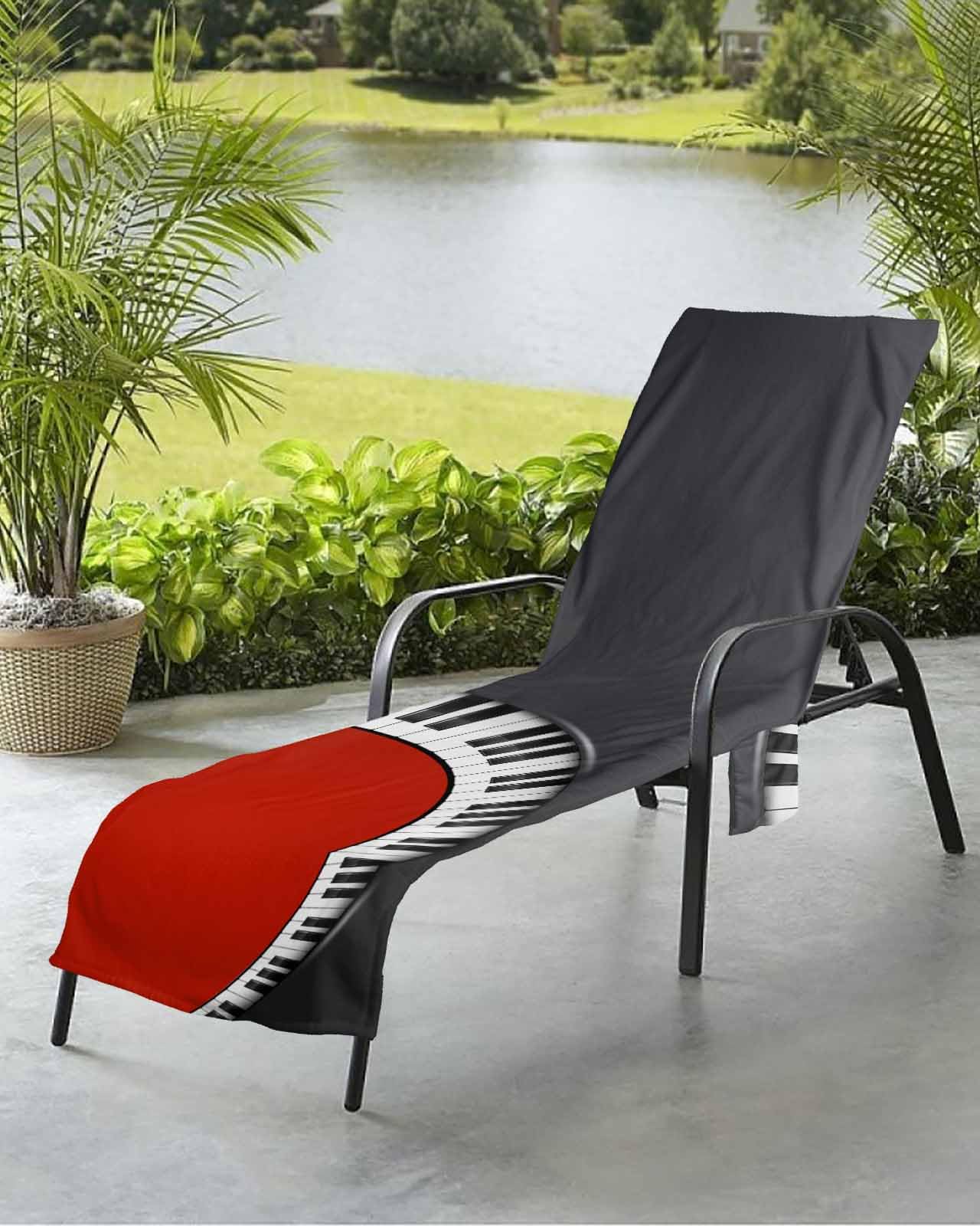 Red Piano Keys Beach Chair Towel Covers for Chaise Lounge with Side Pocket, Soft Plush Pool Towels Cover for Patio Sunbathing Outdoor Music Musical Notes Black White Instrument 29''x85''