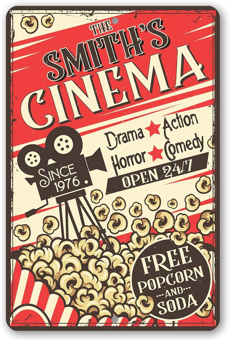 Movie Night Supplies - Personalized - Cinema Retro - Metal Sign - Movie Theater Decor - Home Theater Accessories Movie Room Decor - Movie Night Decorations, Basement Decor, Movie Theater Signs