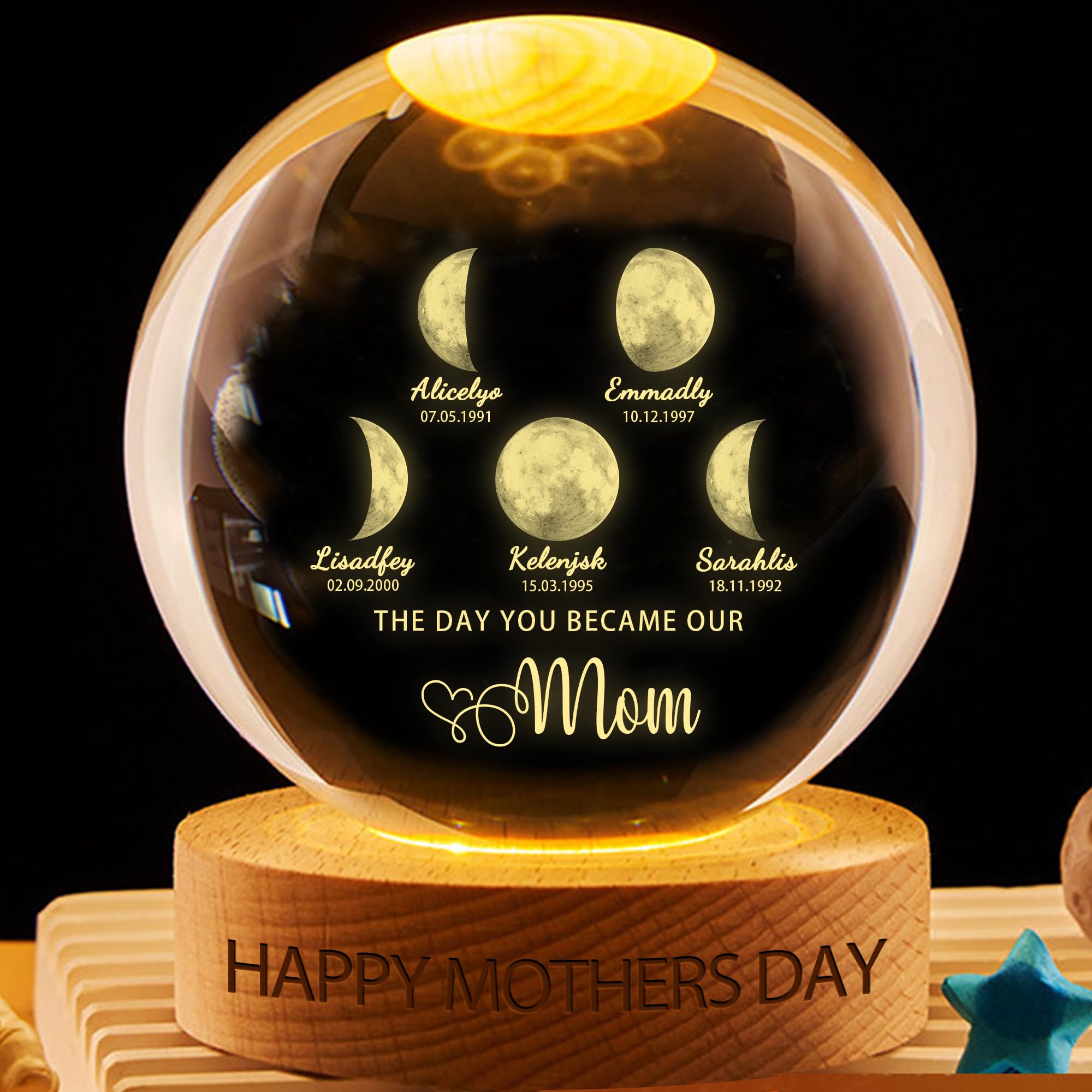 VWCSDSCS Personalized Moon Phase Crystal Globe Lamp Custom Names & Birthdates, 7 Color Changing LED, Memorial & Decorative Gifts for Mom, Dad, Grandma, Grandpa for Bedroom & Living Room