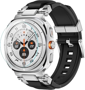 amBand for Samsung Galaxy Watch Ultra 2025/2024 Bands for Men, Stylish Strap with 316L Stainless Steel Lug for Galaxy Watch7 Ultra 47 mm, Accessories with Screen Protector - Titanium White/Black