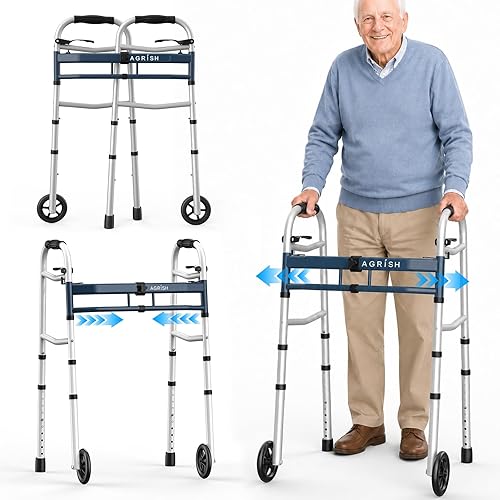 Narrow Walkers for Seniors, Folding Walker with 5 Inch Wheels for Small Spaces, Adjustable Width & Height, Lightweight Standard Walkers for Elderly, 350 lbs Support, Navy Blue