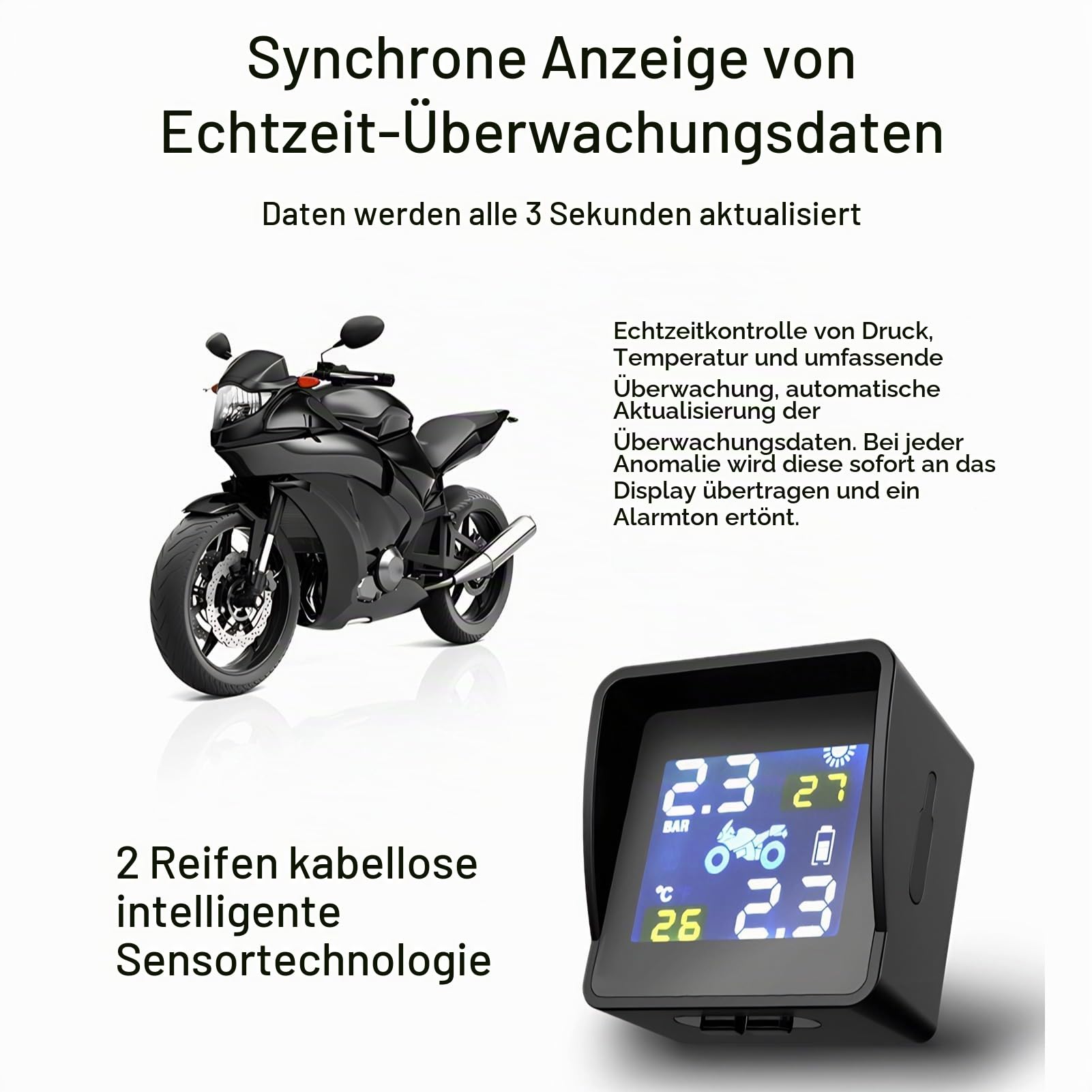 Diyeeni Motorrad-Reifendruckkontrollsystem Solar TPMS, LCD-Display mit Sechs Alarmmodi, Wasserdicht und Langlebig für Motorradroller
