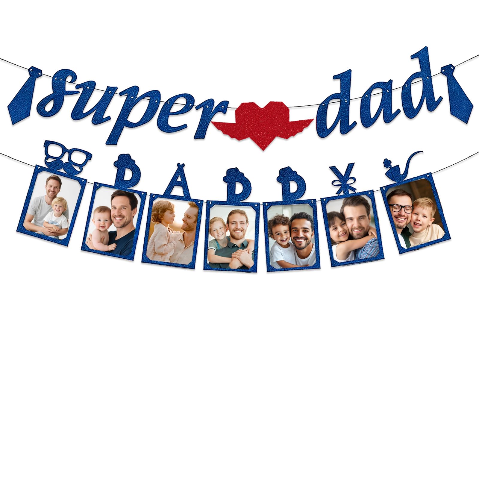 Super Dad Banner Kit Happy Fathers Day Banner Fathers Day Decorations with Blue Glitter Daddy Photo banner Sided for Wall Window Door Table Decoration father’s day Gifts