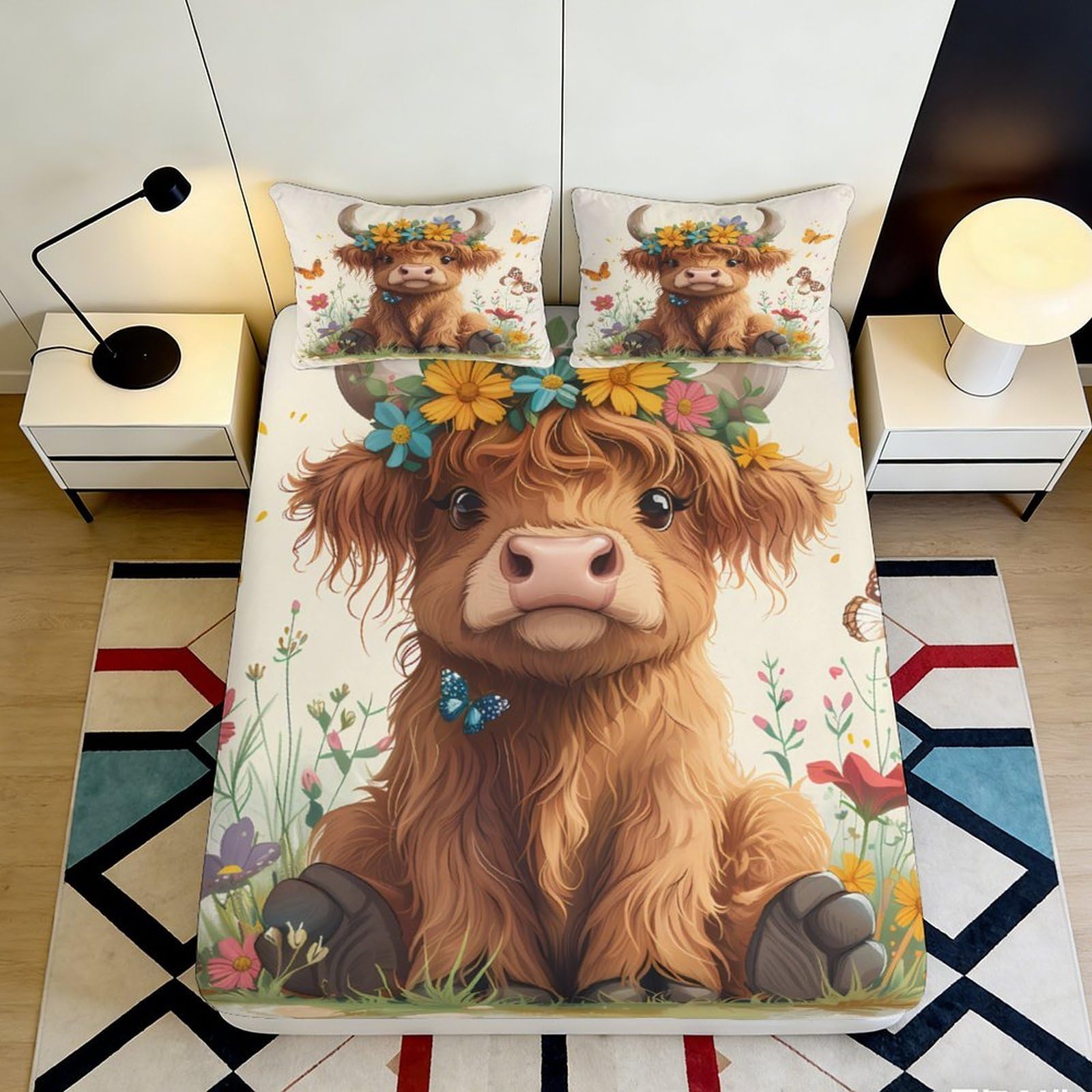 3D Printed Highland Cow Fitted Sheet Microfiber Soft Breathable Floral Meadow Bed Cover for Bedroom Dorm Mattress Decor 90x200x25cm