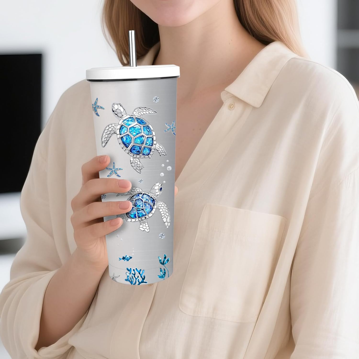 Sea Turtle Gifts, Valentines Day Gifts for Him Her, 24 oz Insulated Tumbler with Lid and Straw, Stainless Steel Water Bottle, Ocean Turtle Coffee Cups Travel Mug for Women Men (1PCS) - Image 11