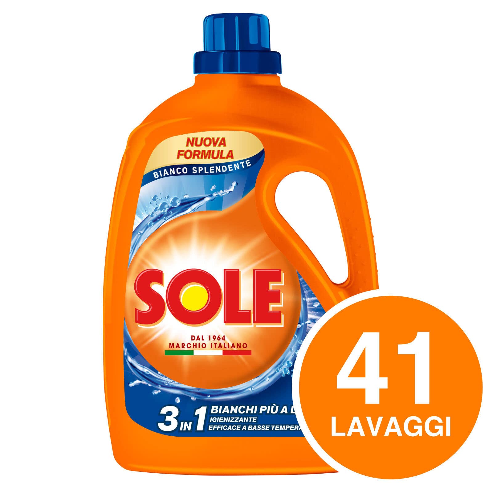 6 x Sole Detersivo Liquido Bianco Splendente 3in1 Azione Igienizzante per Lavatrice, 41 lavaggi, 1845 ml