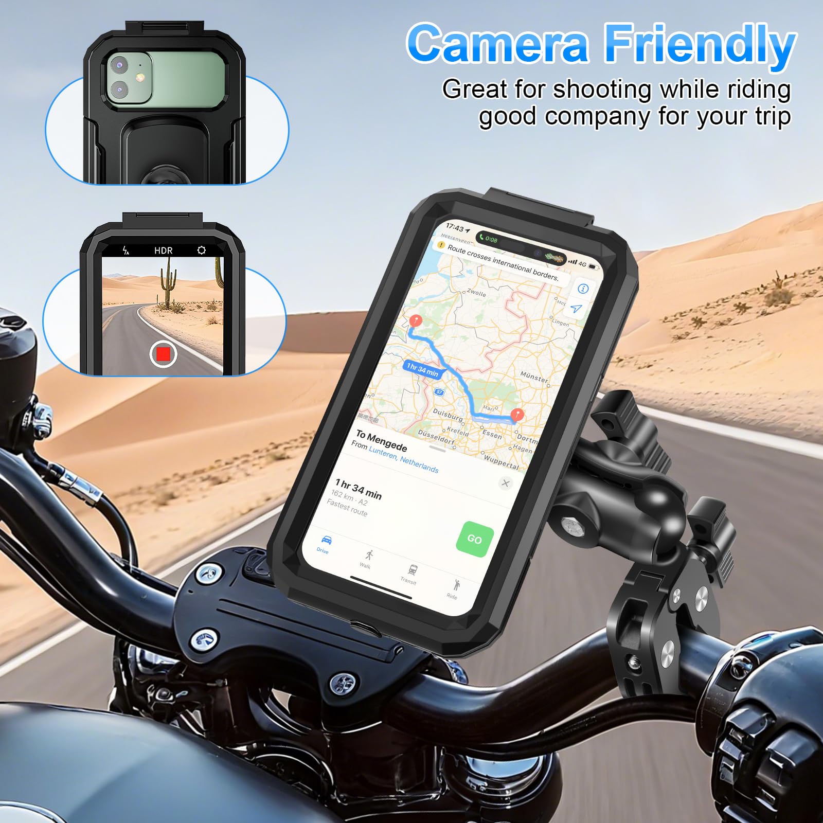 Supporto Telefono Moto Impermeabile Porta Cellulare Bici con 720° Girevole Braccio Estensione Metallo Porta Cellulare Moto Manubrio Scooter Touch Screen per 5.5"-7.0" Smartphone (Nero)
