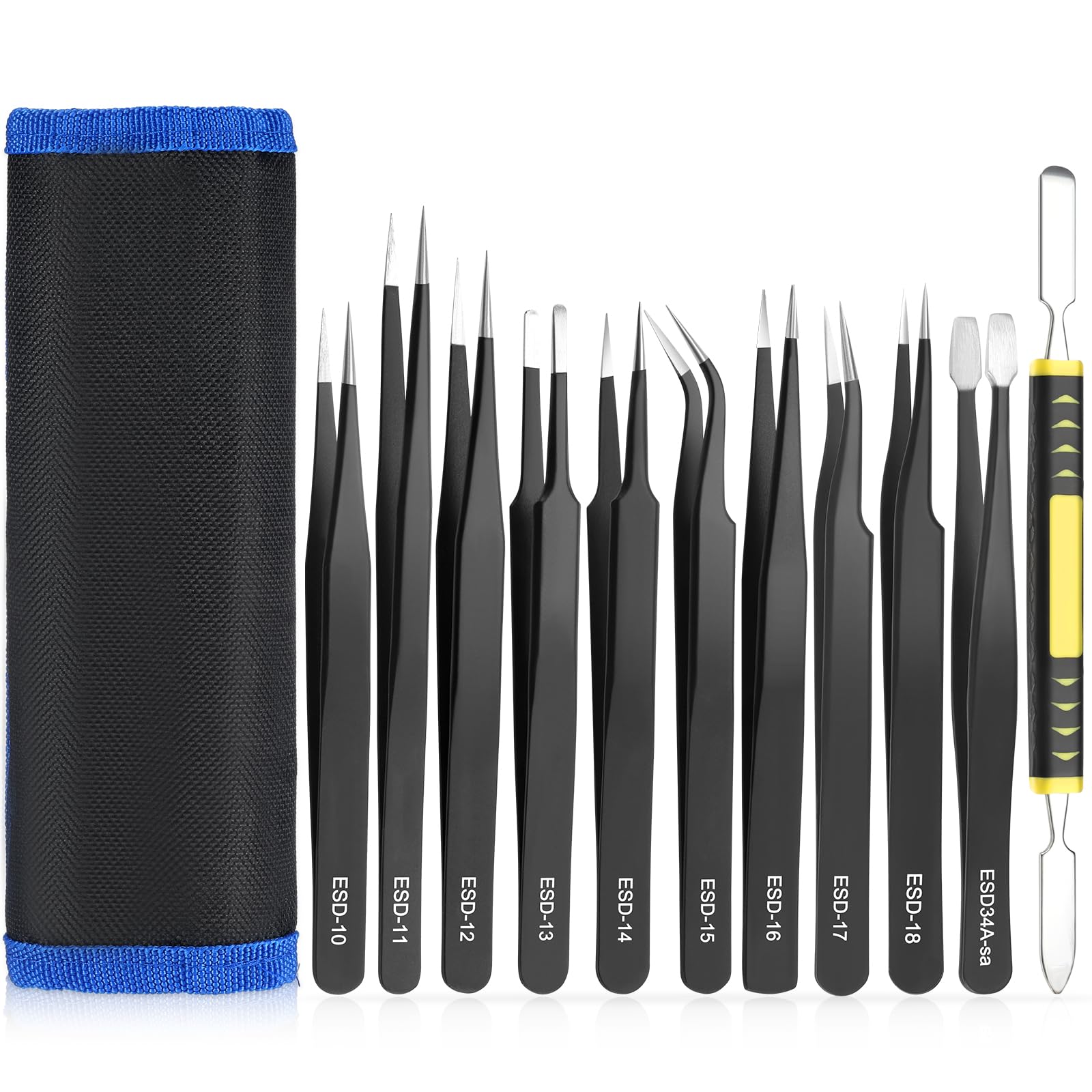 11 Pcs Precision Tweezers Set, ESD Anti-Static Tweezers Set, Stainless Steel Tweezers Kit Curved Tweezers for Electronics, Laboratory Work, Jewelry-Making, Craft, Soldering