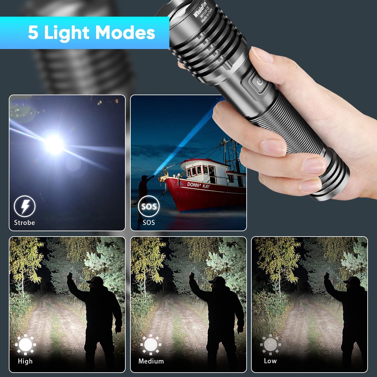 WholeFire LED Zaklamp Hoge Lumen USB Oplaadbare Krachtige XHP70 Zaklampen Waterdicht 5 Modi Zoomable voor Camping Fietsen Wandelen Nood met 18650 Batterij en Oplader
