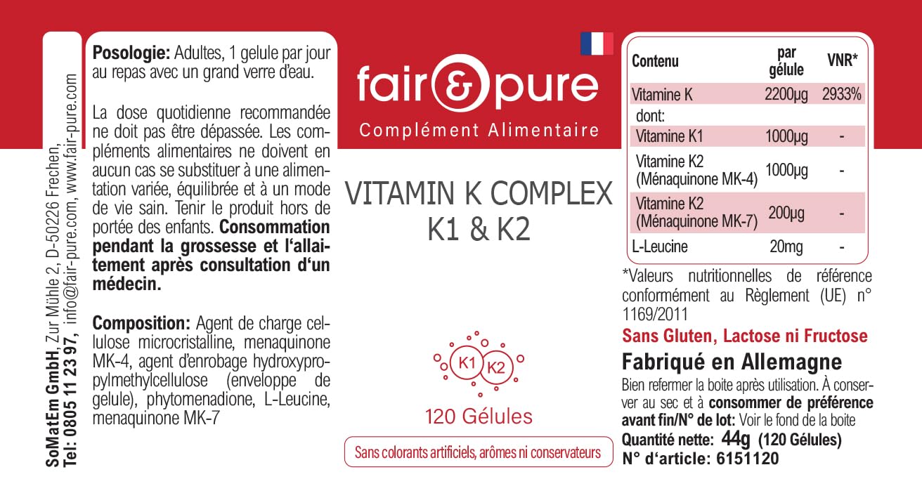 Fair & Pure® - Vitamine K Complexe K1 & K2 - avec 2200μg de Vitamines K par gélule - 120 gélules véganes