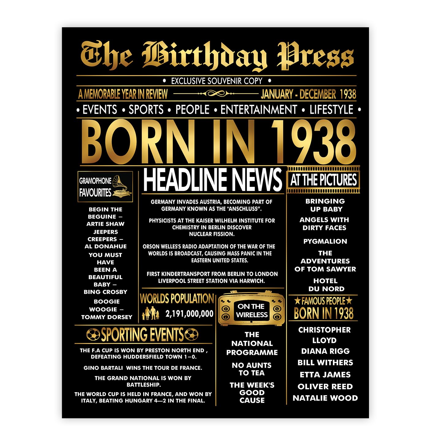 Stuff4 Gold 88th Birthday Poster Unframed - Golden Born In 1938 Newspaper - Happy 88 Birthday for Men Women Retro Vintage Gifts Back In 1938, 8x10 Inch Bday Party Decor Decoration