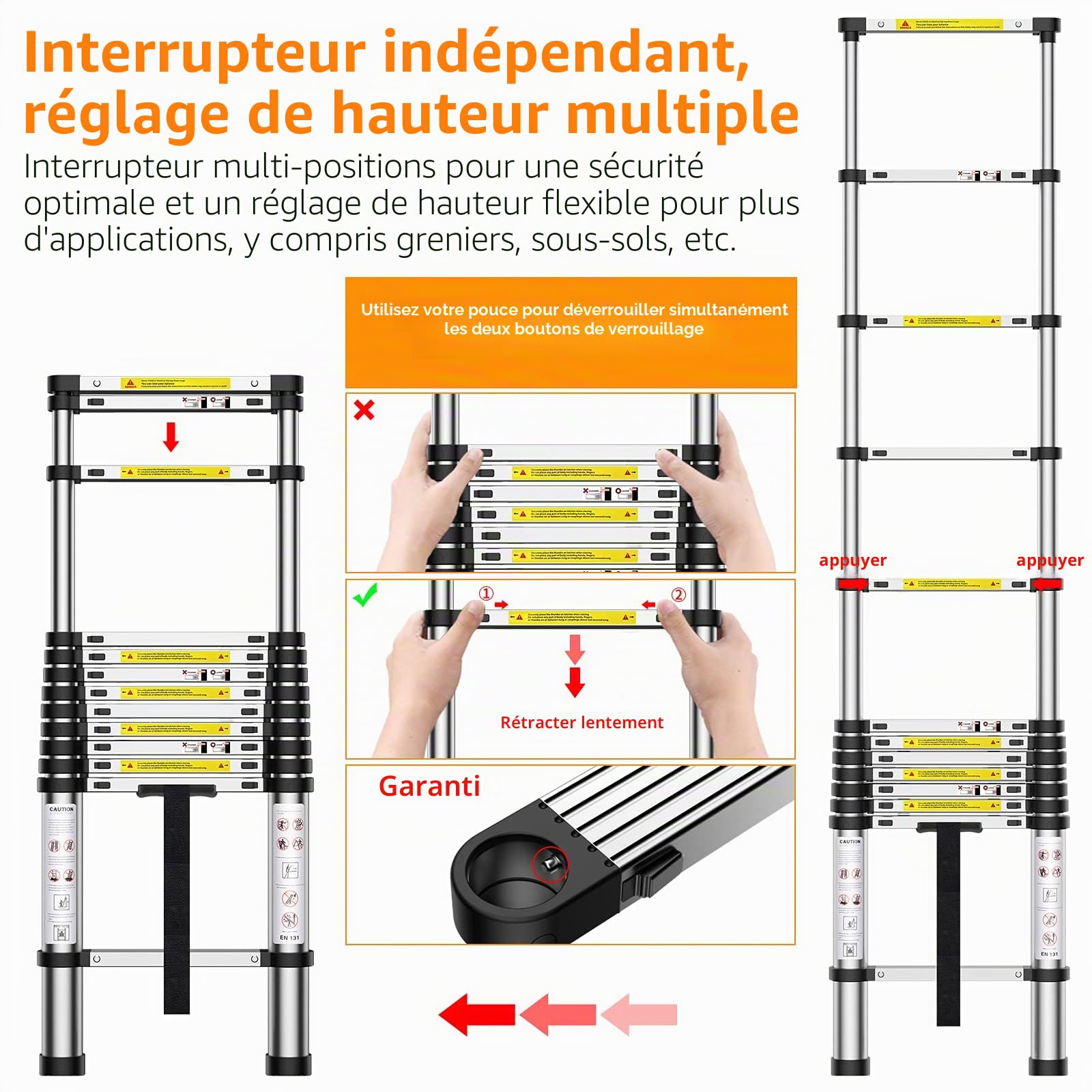 Nestling Échelle Télescopique 3,8M en Aluminium Bricolage Pliable Extensible Unique Droite Multi-Fonction Ladder Charge 150kg