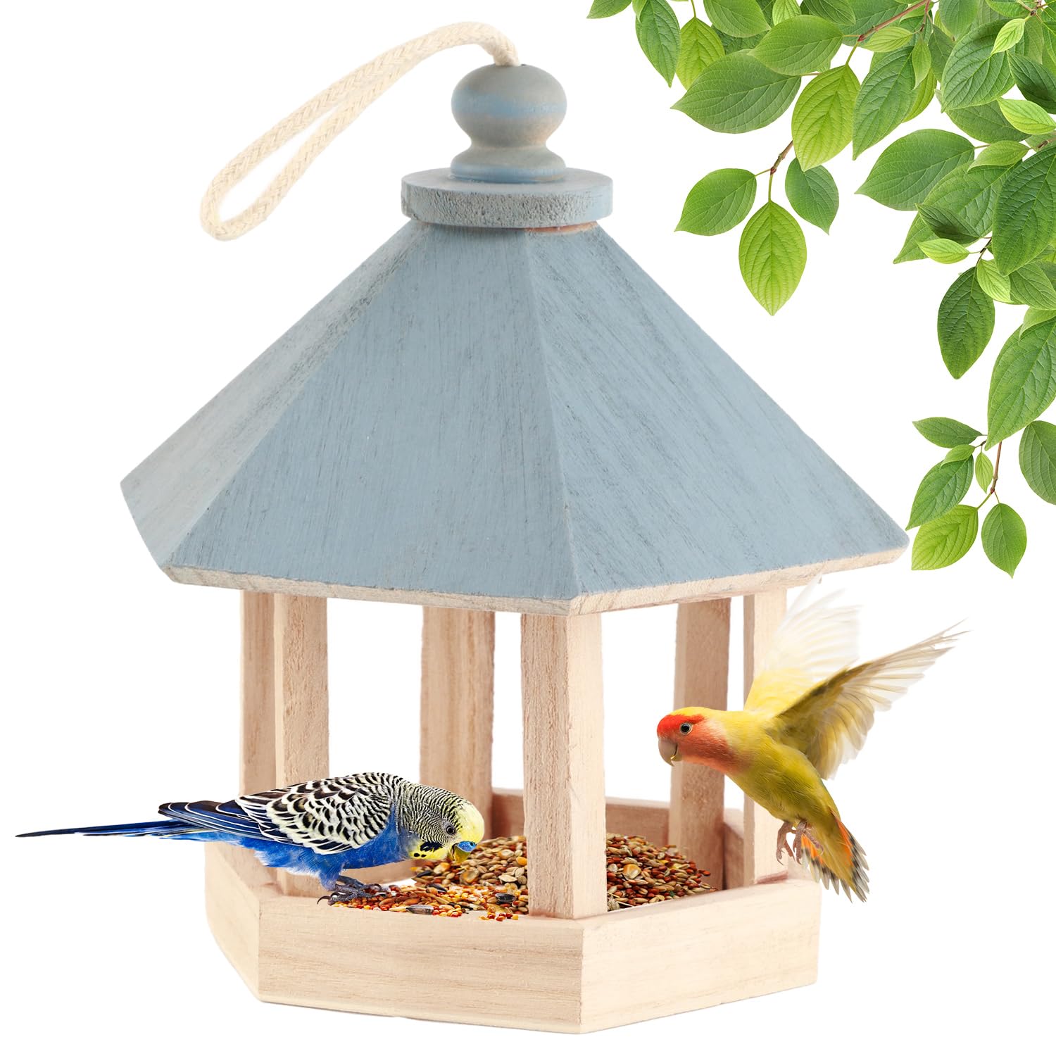 Comedero para pájaros de Madera, Comedero para Pájaros para Exteriores Comederos para Pájaros Colgantes de Madera Adornos de Nidos de Pájaros Comedero Colgante para Pájaros con Cuerda