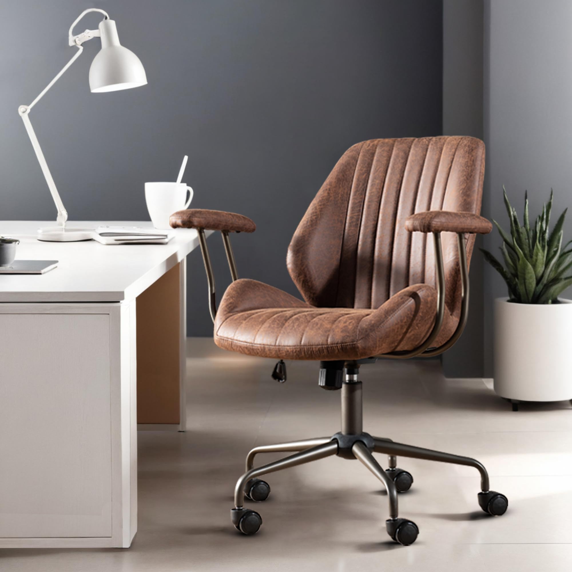 Mid Back Home Office Chair, Mid Century Modern Leather Computer Desk Chair, Comfy Executive Rolling Swivel Task Chair with Wheels Armrest Height Adjustable,Dark Brown