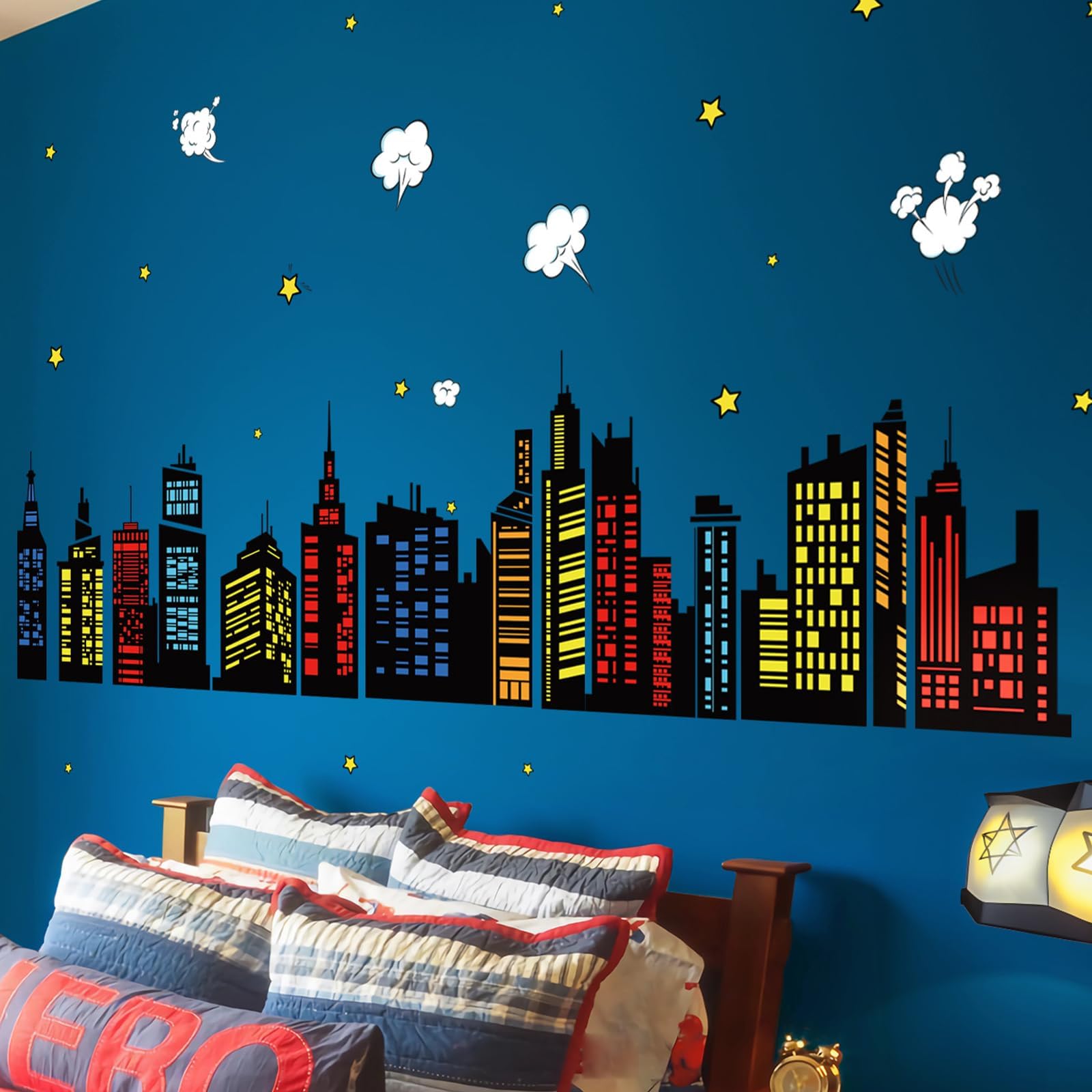 decalmile Colorful City Skyline Wall Stickers Building Silhouette Stars Wall Decals Baby Nursery Kids Bedroom Living Room Wall Decor