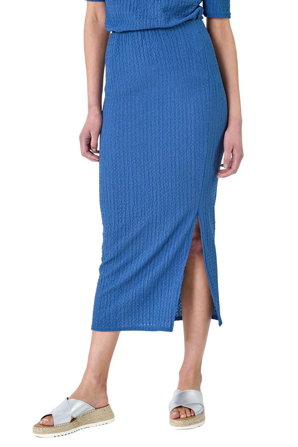 Roman Originals Women's Denim Textured Stretch Midi Skirt For Uk - Everyday Holiday Spring Summer Comfy Soft Evening Vacation Work Party - Size 14