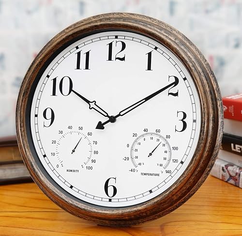 Miniatura 3 de Reloj de pared grande para interiores y exteriores de 16 pulgadas, reloj impermeable sin tictac con termómetro e higrómetro, reloj decorativo de