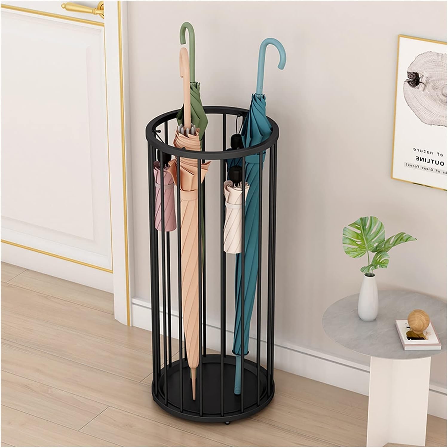 Nutrends Decor Umbrella Stand Rack with Drip Tray and 6 Hooks, Entryway Free Standing Umbrella Holder, Light Luxury Long & Fold-up Umbrella Storage Bucket Organizer Decorative (Black)-image-39