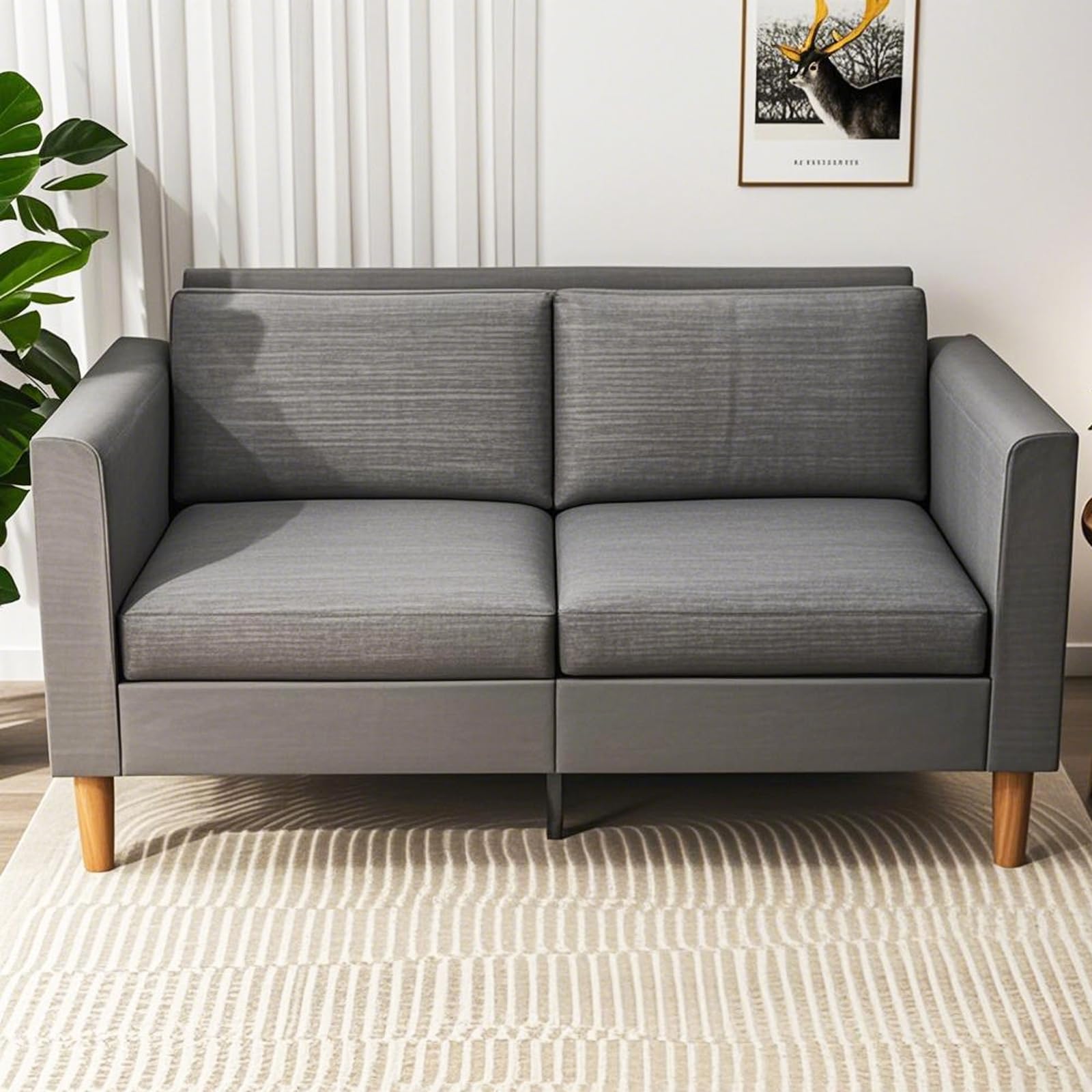 AraSyleon 57" Modern Linen Loveseat Sofa with Deep Seats – 2-Seater Couch Bed for Small Spaces, Detachable Grey Fabric Cover, Sturdy Wood Legs