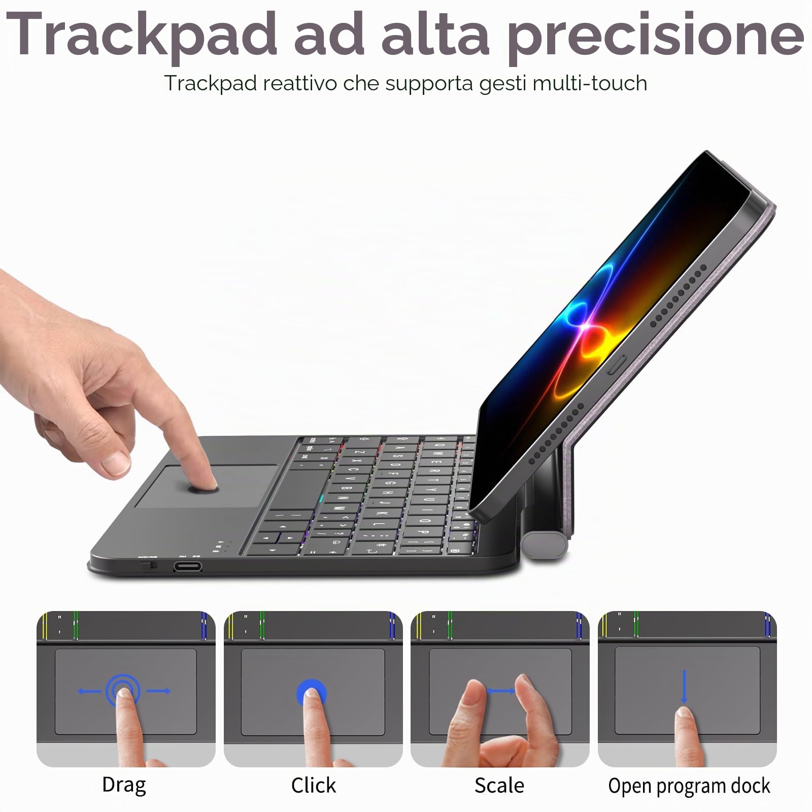 TECHGEAR Custodia Magic Keyboard per iPad Mini 7 (A17 Pro) e iPad Mini 6, sottile supporto magnetico galleggiante, Bluetooth QWERTY, Trackpad multi-touch, tastiera retroilluminata a 7 colori per