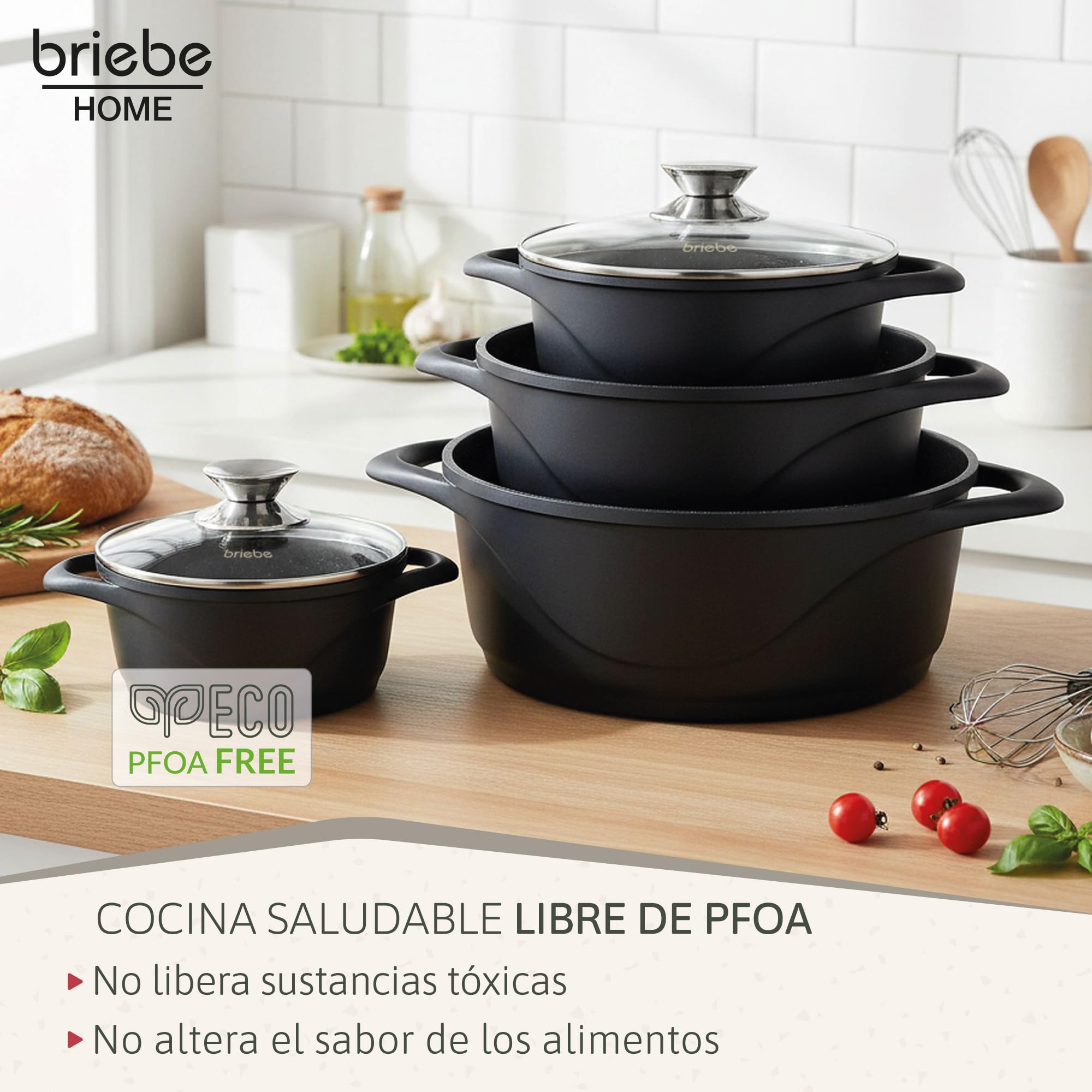 briebe Batería Cocina Inducción 8 Piezas, Juego 4 Ollas Aluminio Fundido, Antiadherente ILAG GRANITEC sin PFOA, Set Cazuelas Tapas Cristal, Guantes Silicona, Vitrocerámica, Gas, Horno, MGK-12