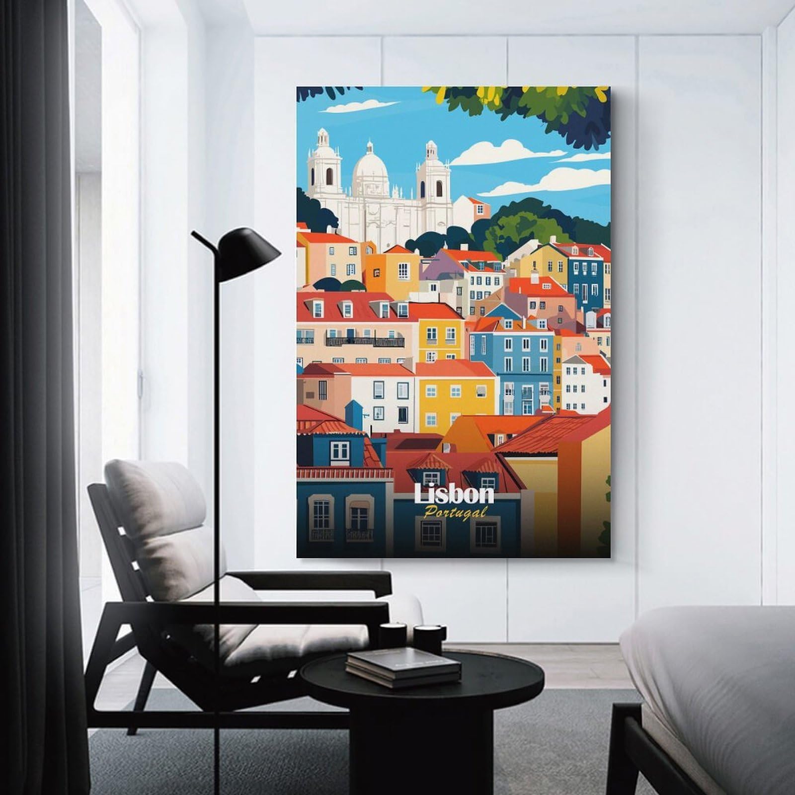 Junmoney Lisbon Cityscape Illustration Wall Picture Print 20x30inch(50x75cm), for Entrance Spaces, Stair Walls Or Halls, Decorative Canvas Styling for Entry Areas