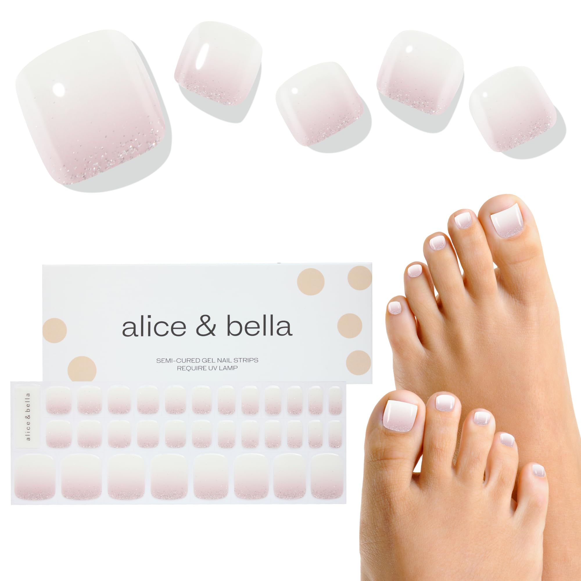 Alice & Bella Semi-Cured Gel Pedicure Strips (Bella's Fave) Toenail Wraps | Gentle Adhesive | UV Light Required | Salon-Quality, Long-Lasting 32 pc Pedi Kit