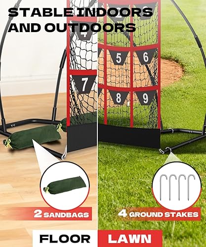 Miniatura 2 de Queension Red de lanzamiento objetivo de 9 agujeros con zona de golpeo  Red de bateo de béisbol con bolsillos objetivo, red de lanzamiento con