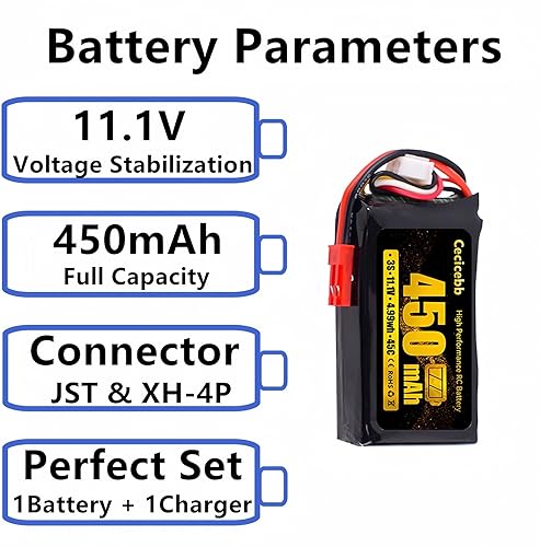 Miniatura 4 de Batería LiPo de 11.1V 450mAh 450mAh con enchufe JST para FPV E-flite Blade 180 CFX Torrent 110 Baby Hawk Micro 1 Pack con 11.1V USB Cable de carga