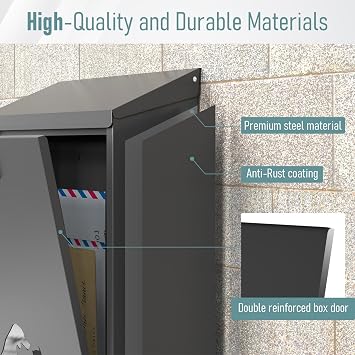 Post Boxes Wall Mounted Waterproof, Steel Mail Box Modern Delivery Letter Box for Outside with Combination Lock, Rain Cover, Viewing Windows, Lockable Large Letterbox, Black 40x25x10cm
