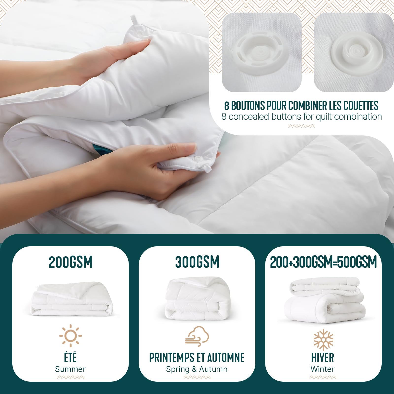 vounot® Couette 4 Saisons 220x240 cm 3 en 1-200g/m²+ 300g/m²= 500g/m² Couette Hiver en Microfibre Couverture Douce avec Rembourrage Moelleux Certifiée Oeko-Tex Blanc