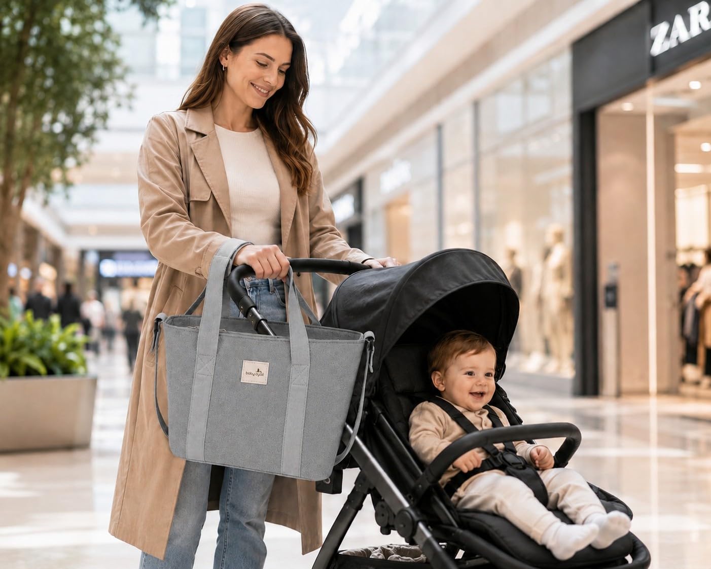 Borsa grande capacità, organizer grigio. Borsa per passeggino. Manici corti per il fissaggio al carrello e lunghi per la spalla.
