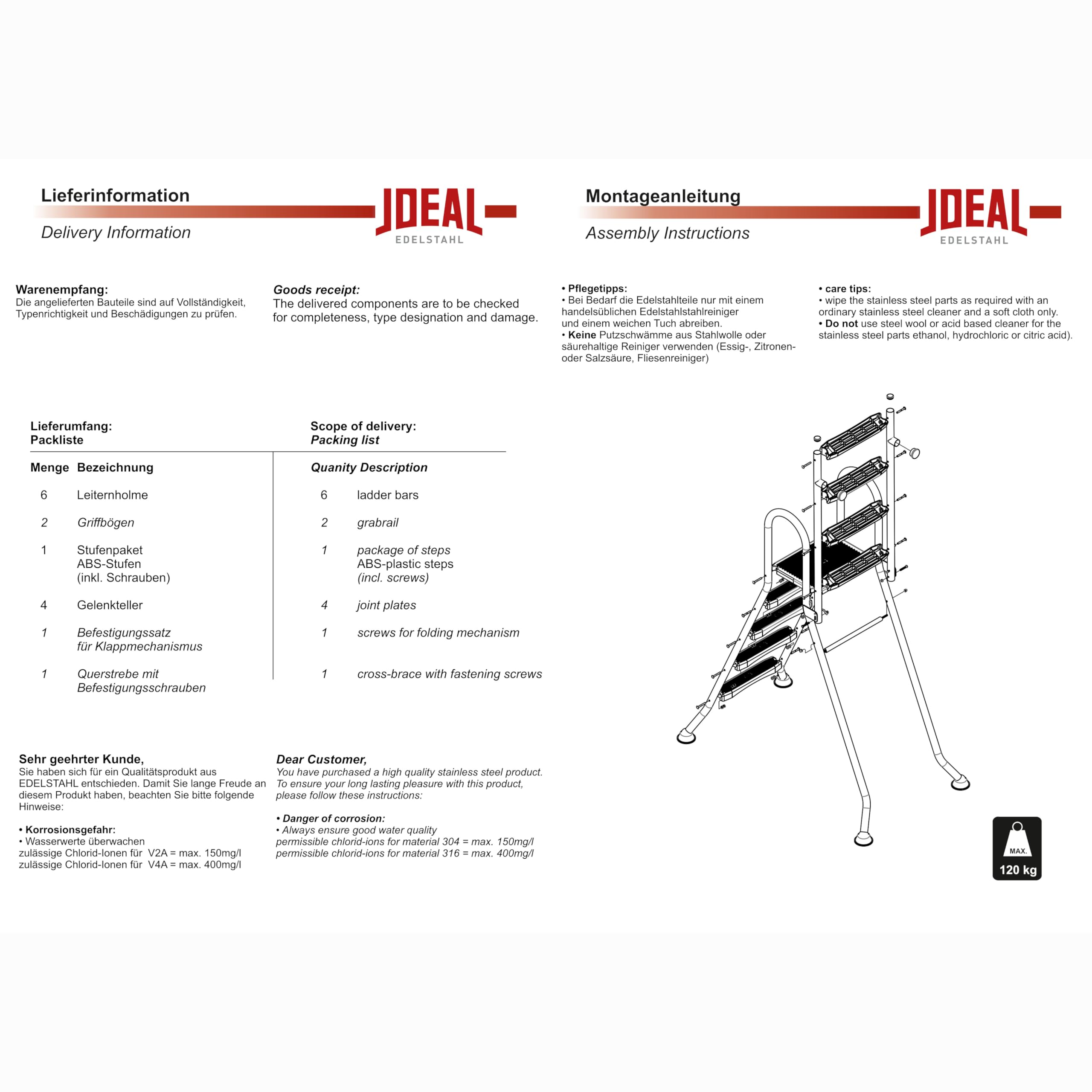 HAF Ideal Eichenwald - Scala di sicurezza per piscina rialzata, 4 + 4 gradini (1,2 m/1,2 m) in acciaio inox V2A, scala pieghevole con gradini antiscivolo e piattaforma, stabile per piscina fuori terra