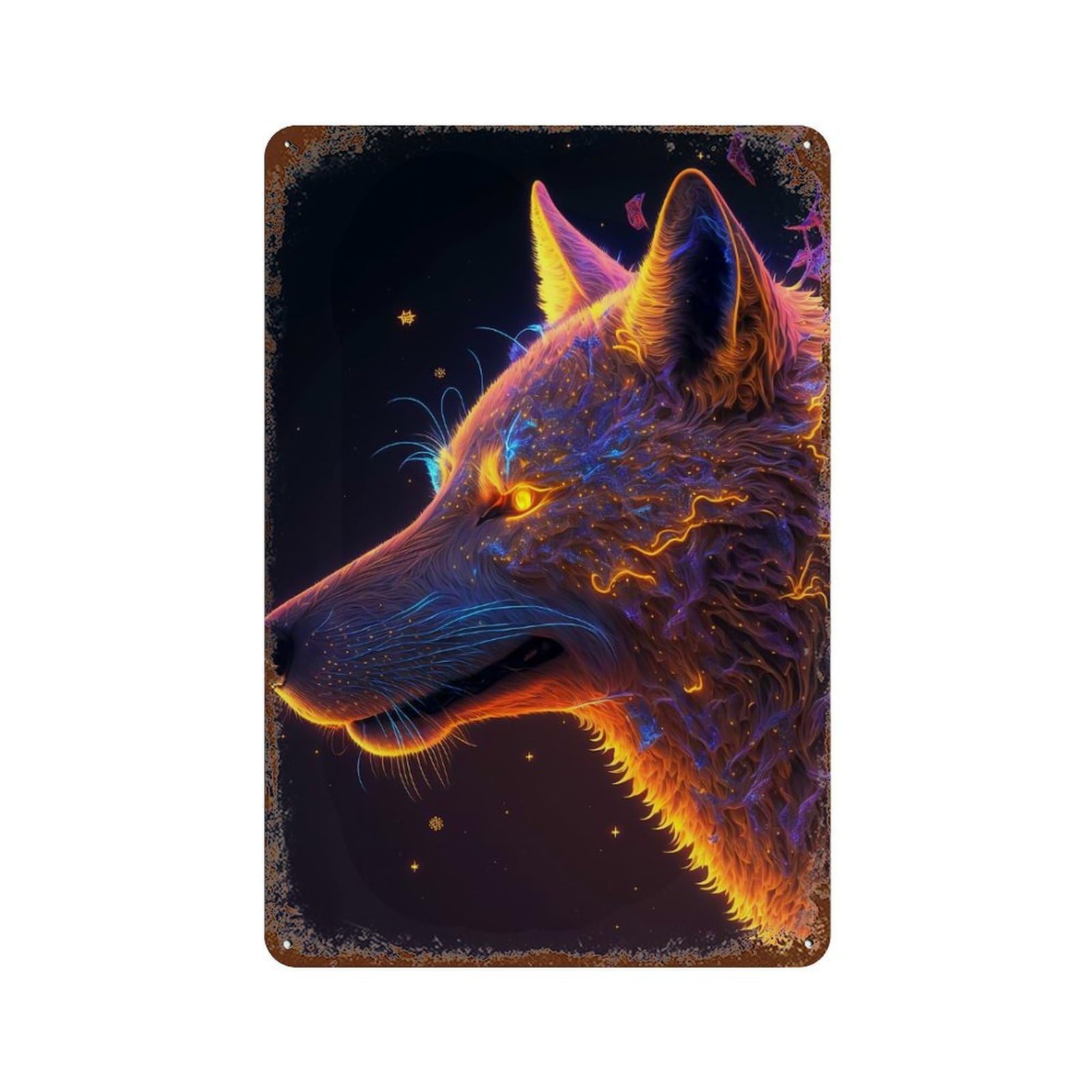 Rustic Tin Plaque with Cosmic Wolf Design 11.8"x7.9", for Pub, Kitchen And Man Cave Decor, Old School Wall Decor