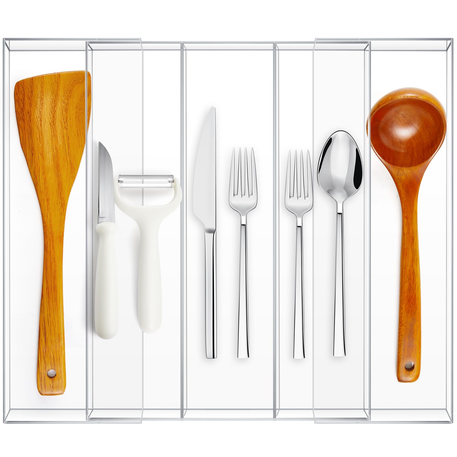 Organizador de cajones de cocina expandible, organizador de utensilios de acrílico transparente, almacenamiento de cubiertos de acrílico ajustable para cajones de cocina, cubiertos y