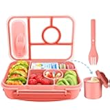 Demiue Kids & Adult Bento Lunch Box - 5 Compartment Lunch Containers, Sauce Vontainers, Microwave, Dishwasher & Freezer Safe (Pink)