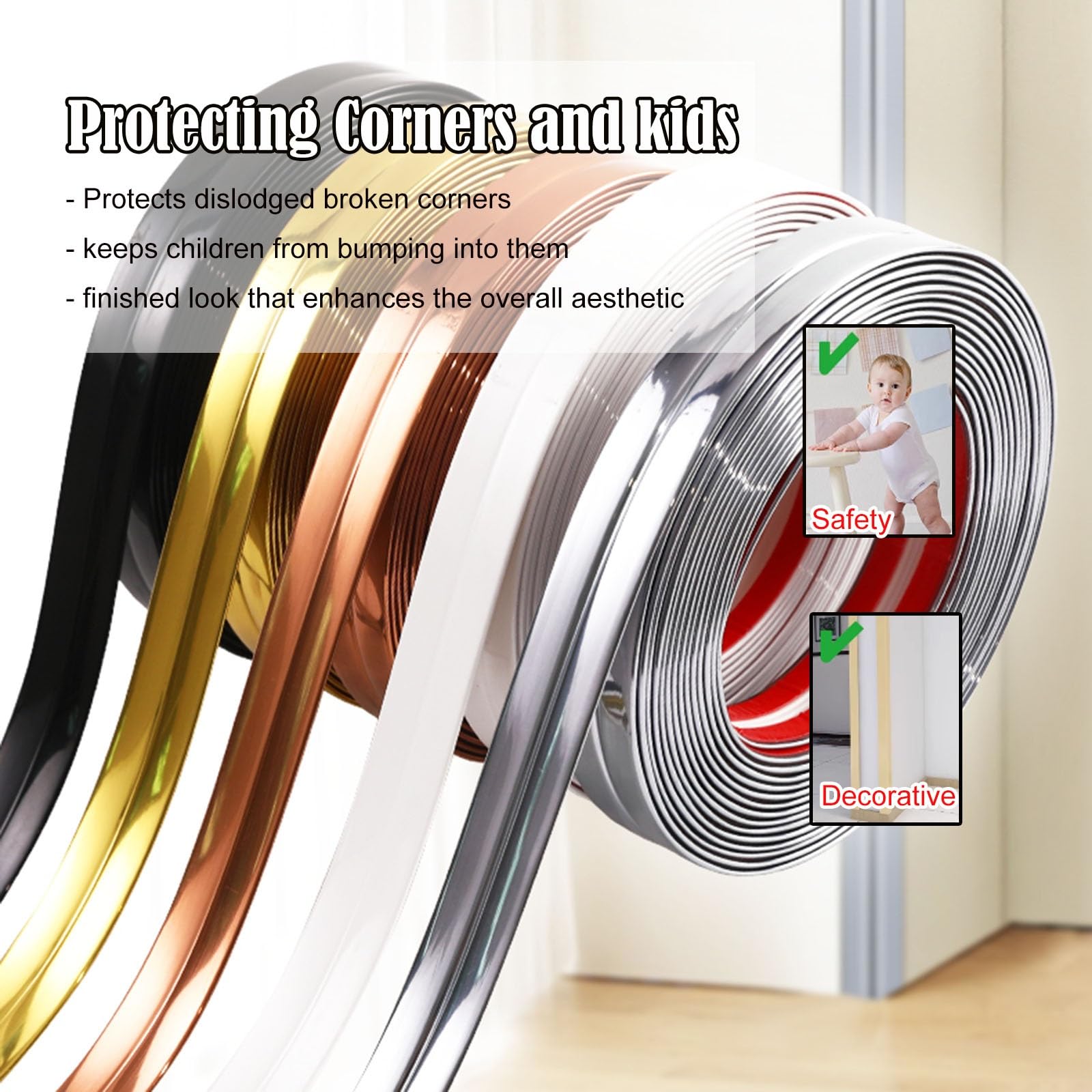 Protectores de Esquina Dorados para Paredes, Borde de Borde/Tira Protectora con Adhesivo Fuerte para Pintura, Papel Pintado, lágrimas, Huellas Dactilares, Bloqueo de Perros, Gatos, Masticar, Borde de