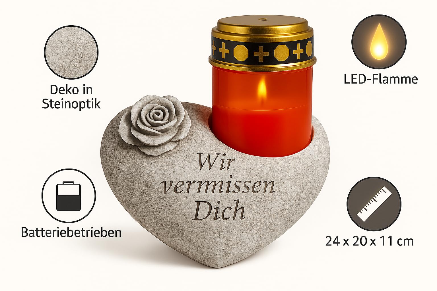 Grabschmuck Wetterfest | Herz als perfekte Grabdekoration | Deko-Gedenkstein mit LED-Grablicht | Herz Deko für den letzten Weg | Perfekt für den Todestag oder Allerheiligen