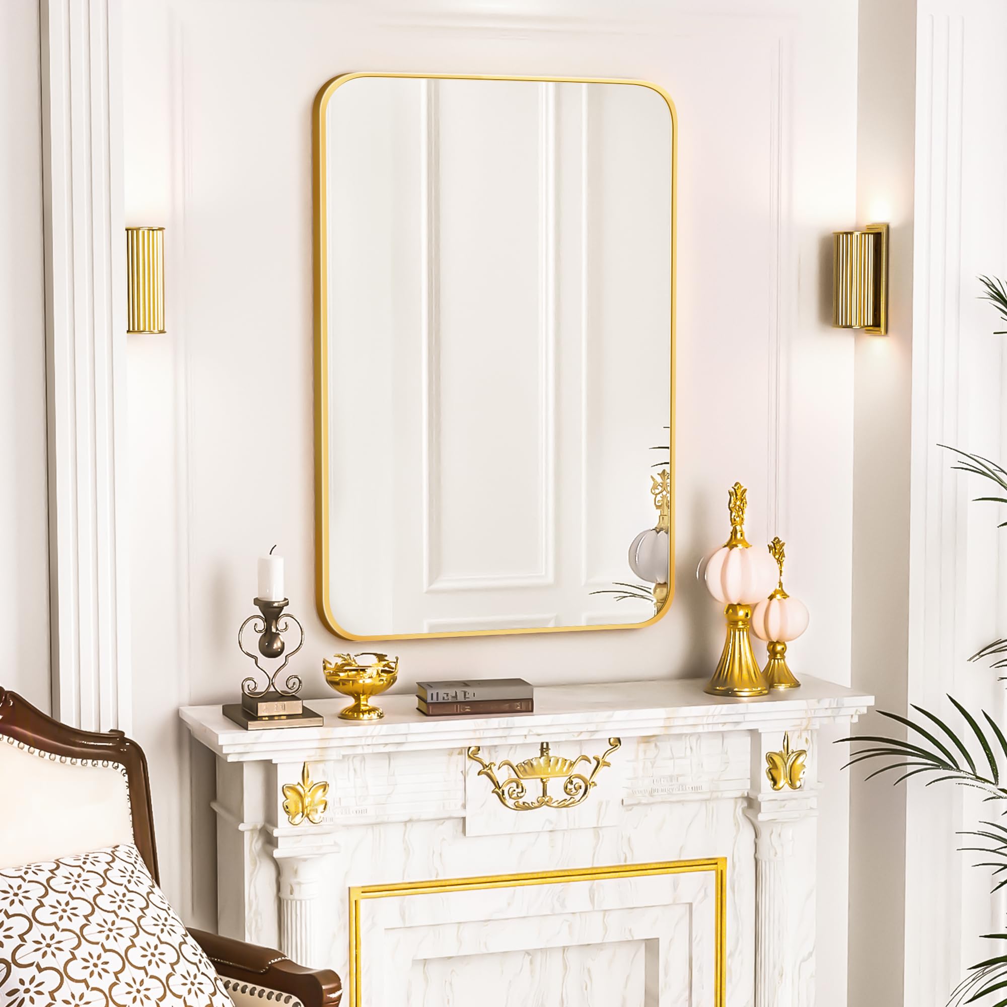 Suidia Bathroom Mirror, 24" x 36" Wall Mirror Vanity Mirror Metal Frame Gold Bathroom Mirror, Rectangle Wall Mirror for Living Room Bedroom Mantel Entryway Hallways Horizontal/Vertical