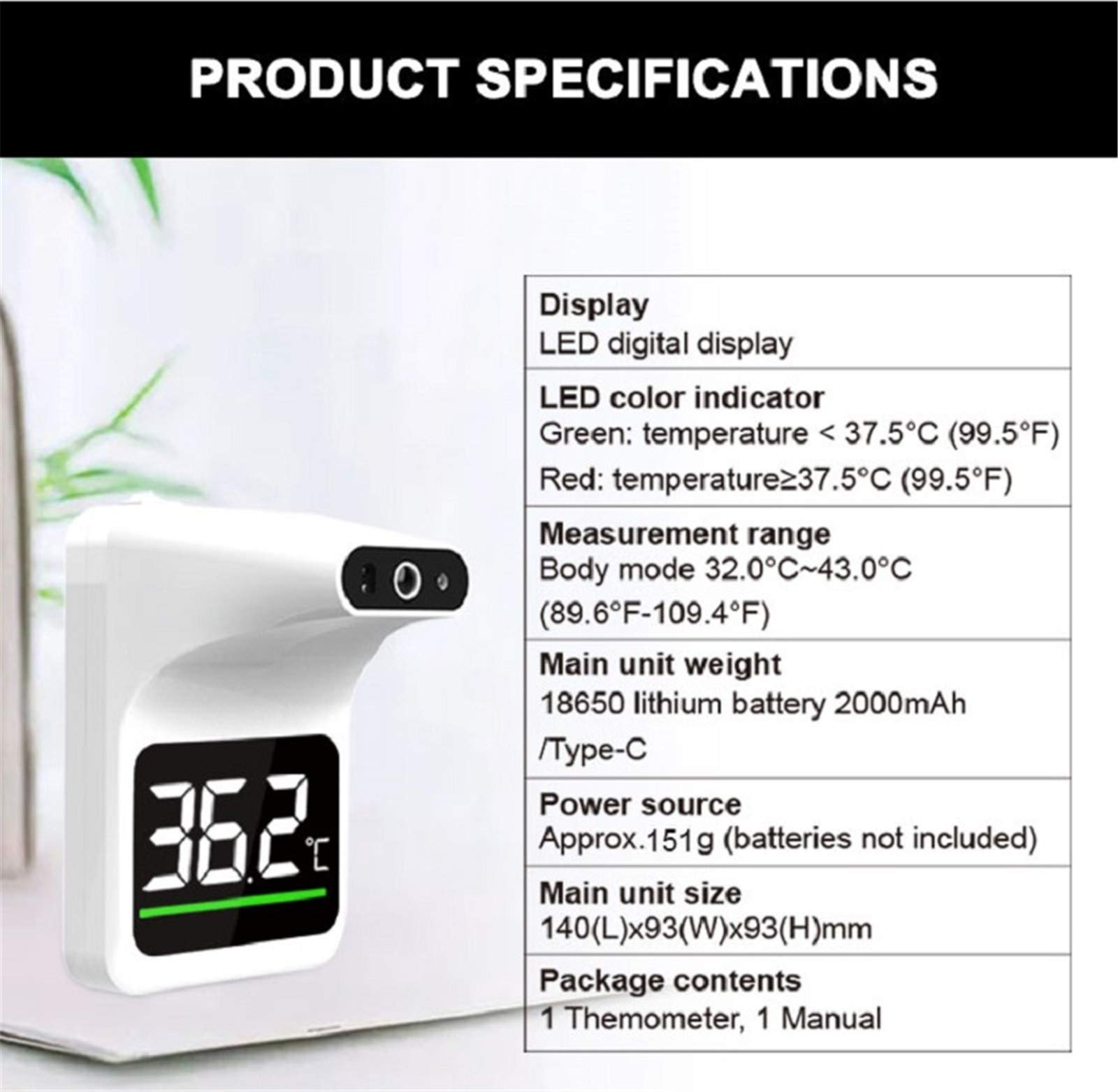 Ścienny bezdotykowy termometr na czoło na podczerwień wyświetlacz LCD wysoka temperatura alarm przenośny automatyczna temperatura ciała do samodzielnego testowania miejsca publicznego