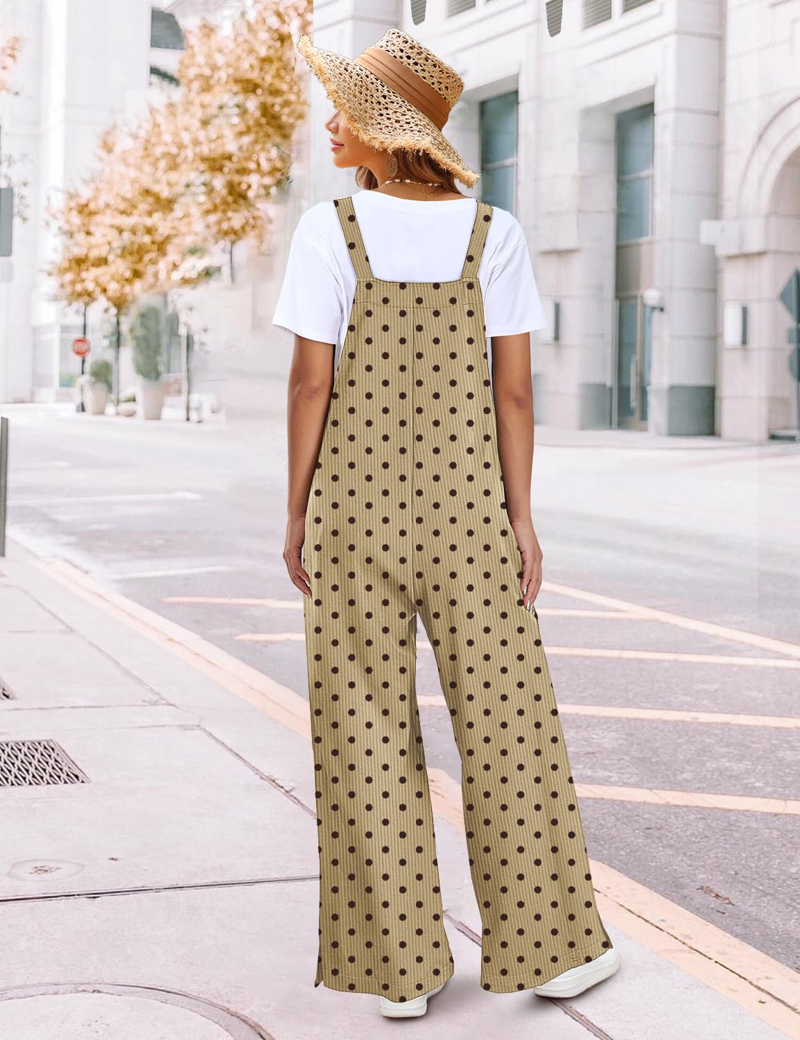 YESNO Women's Casual Corduroy Overalls Adjustable Straps Baggy Pants Wide Leg Jumpsuits with Pockets PC2: Large Dot Khaki